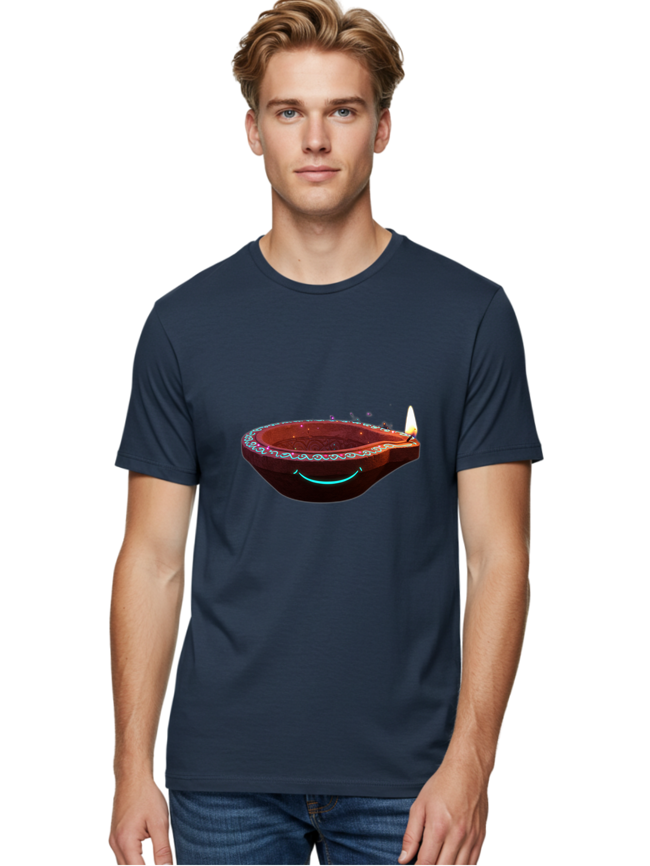 Clay-Lamp-With-Candle Men'S Graphic Tee, 100% Cotton, Comfortable Casual Summer Wear, Machine Washable, Diwali Lamp, Clay Diya, Lit Candle, Festive Decoration, Traditional Diwali, Diwali Celebration, Happy Diwali, Glowing Diya, Indian Culture Bac861