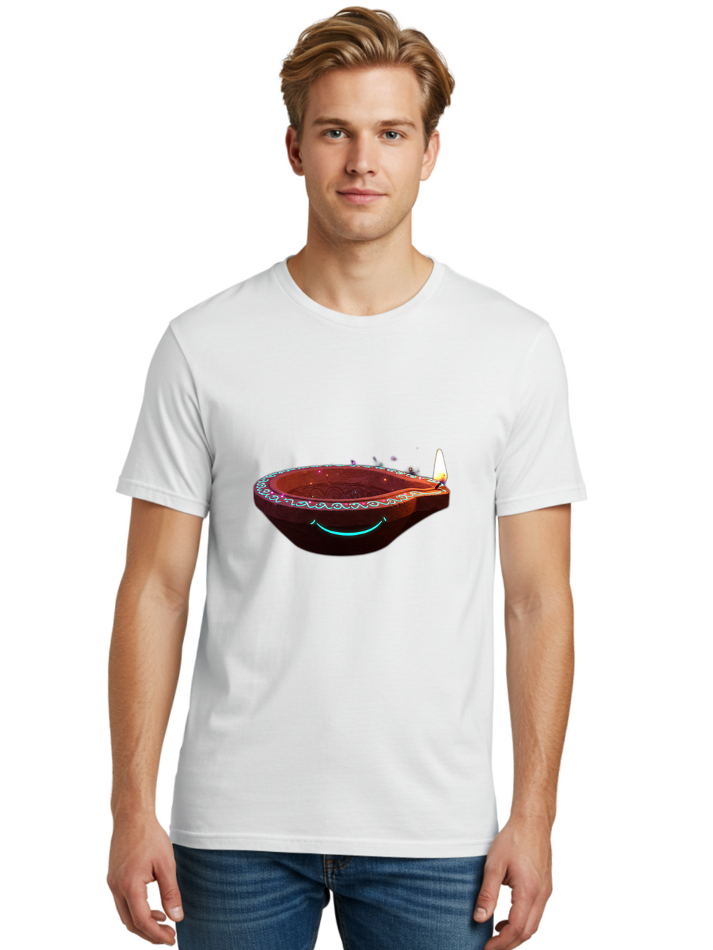 Clay-Lamp-With-Candle Men'S Graphic Tee, 100% Cotton, Comfortable Casual Summer Wear, Machine Washable, Diwali Lamp, Clay Diya, Lit Candle, Festive Decoration, Traditional Diwali, Diwali Celebration, Happy Diwali, Glowing Diya, Indian Culture Bac861