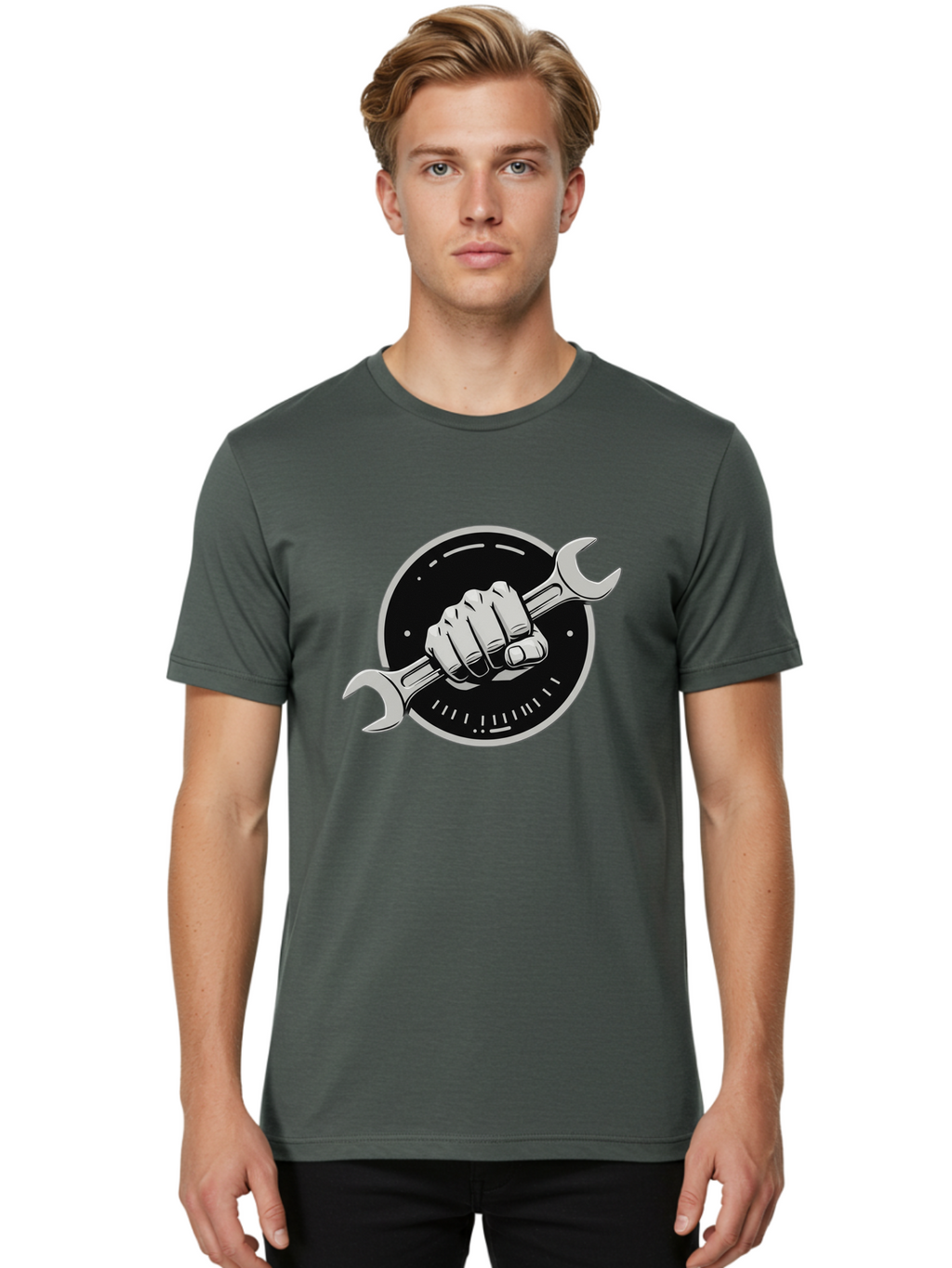 Clenched-Fist-Wrench Men'S Graphic Tee, 100% Cotton, Comfortable Casual Summer Wear, Machine Washable, Hand Holding Wrench, Fist With Spanner, Mechanic Symbol, Repair Logo, Diy Emblem, Tool Icon, Maintenance Graphics, Handyman Sign Bac862
