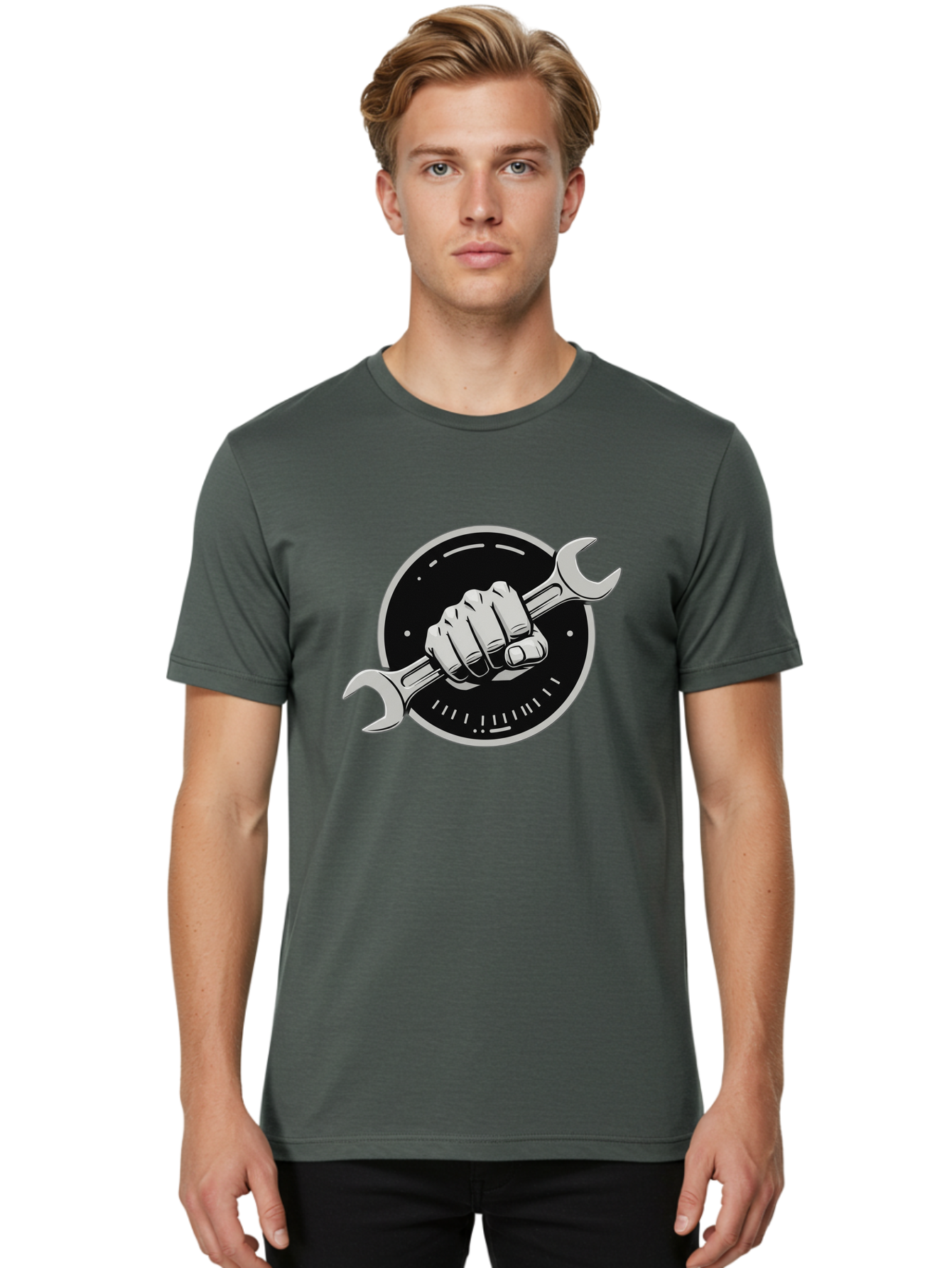Clenched-Fist-Wrench Men'S Graphic Tee, 100% Cotton, Comfortable Casual Summer Wear, Machine Washable, Hand Holding Wrench, Fist With Spanner, Mechanic Symbol, Repair Logo, Diy Emblem, Tool Icon, Maintenance Graphics, Handyman Sign Bac862