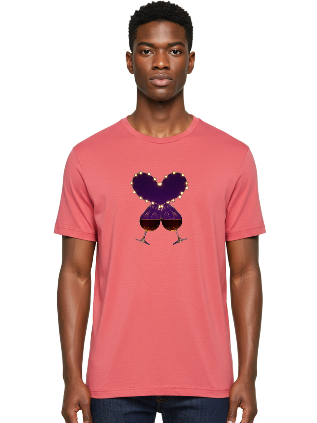 Clinking-Wine-Glasses-Heart Men'S Graphic Tee, 100% Cotton, Comfortable Casual Summer Wear, Machine Washable, Wine Glasses Cheers, Romantic Evening, Couple'S Night, Love Is In The Air, Sharing A Drink, Togetherness, Valentine'S Day Gift, Bac863
