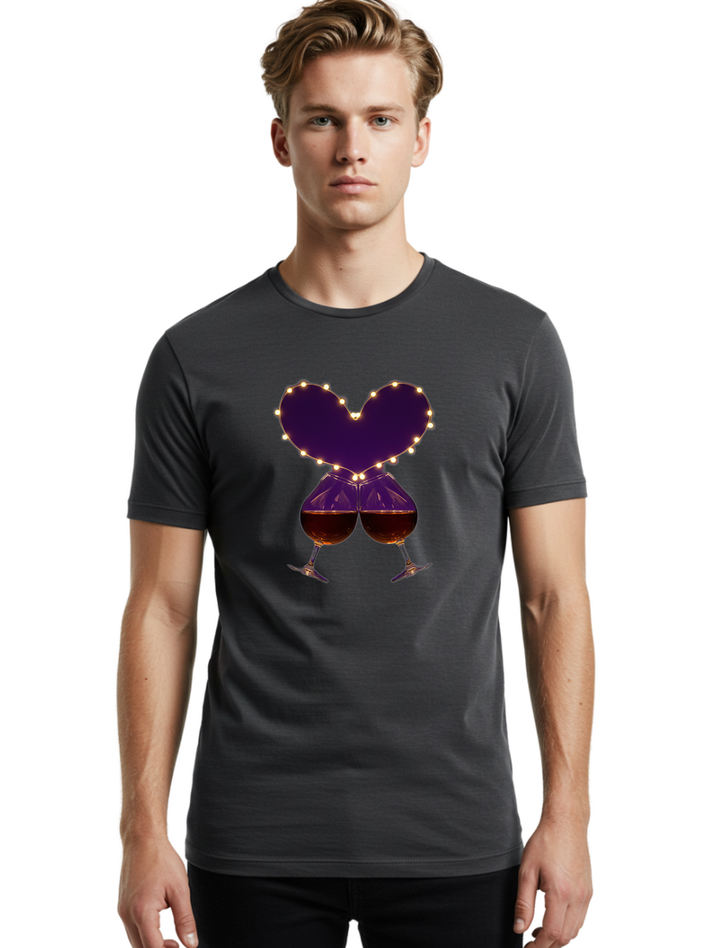 Clinking-Wine-Glasses-Heart Men'S Graphic Tee, 100% Cotton, Comfortable Casual Summer Wear, Machine Washable, Wine Glasses Cheers, Romantic Evening, Couple'S Night, Love Is In The Air, Sharing A Drink, Togetherness, Valentine'S Day Gift, Bac863