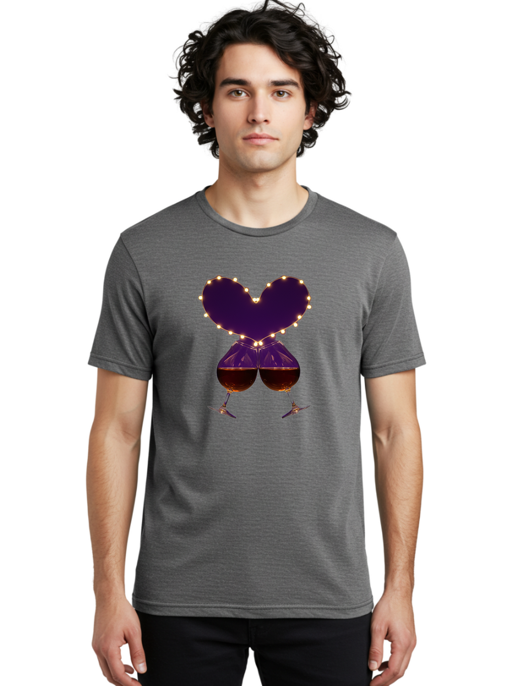 Clinking-Wine-Glasses-Heart Men'S Graphic Tee, 100% Cotton, Comfortable Casual Summer Wear, Machine Washable, Wine Glasses Cheers, Romantic Evening, Couple'S Night, Love Is In The Air, Sharing A Drink, Togetherness, Valentine'S Day Gift, Bac863