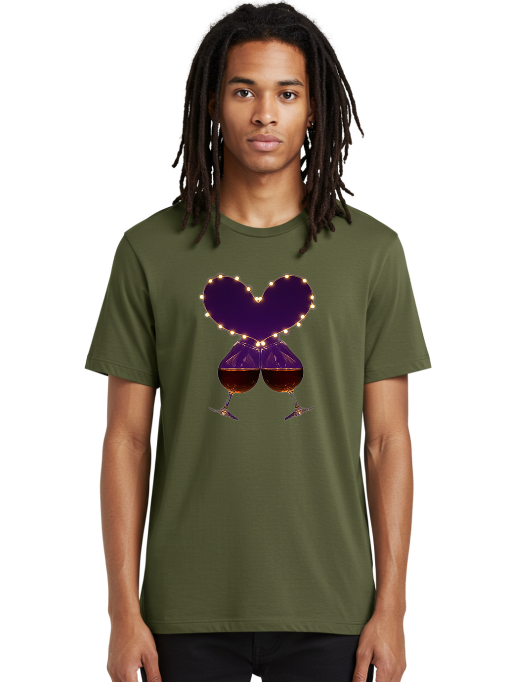 Clinking-Wine-Glasses-Heart Men'S Graphic Tee, 100% Cotton, Comfortable Casual Summer Wear, Machine Washable, Wine Glasses Cheers, Romantic Evening, Couple'S Night, Love Is In The Air, Sharing A Drink, Togetherness, Valentine'S Day Gift, Bac863