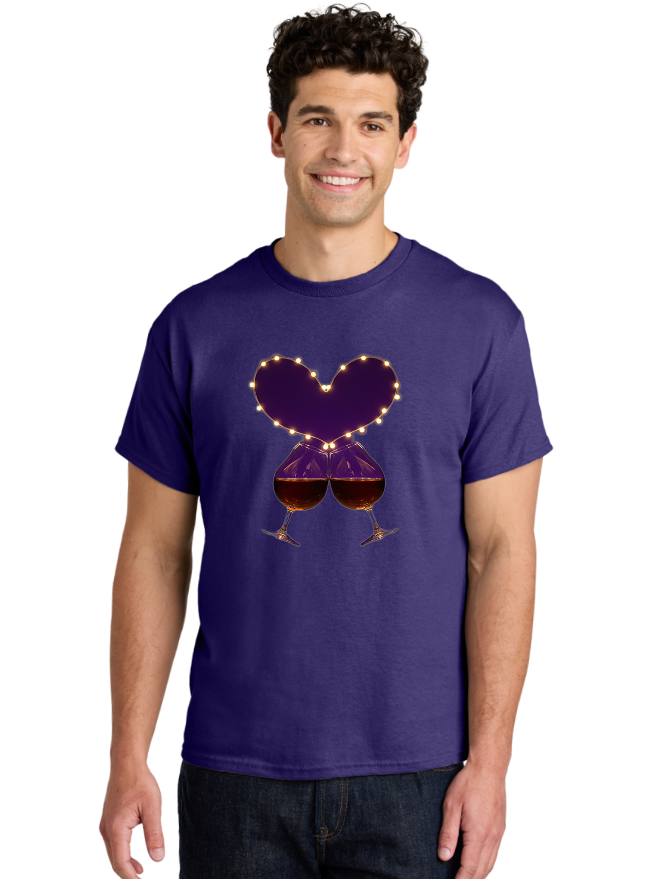 Clinking-Wine-Glasses-Heart Men'S Graphic Tee, 100% Cotton, Comfortable Casual Summer Wear, Machine Washable, Wine Glasses Cheers, Romantic Evening, Couple'S Night, Love Is In The Air, Sharing A Drink, Togetherness, Valentine'S Day Gift, Bac863