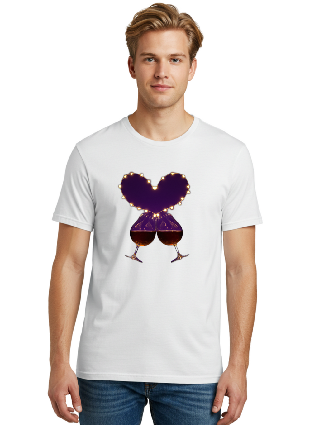 Clinking-Wine-Glasses-Heart Men'S Graphic Tee, 100% Cotton, Comfortable Casual Summer Wear, Machine Washable, Wine Glasses Cheers, Romantic Evening, Couple'S Night, Love Is In The Air, Sharing A Drink, Togetherness, Valentine'S Day Gift, Bac863