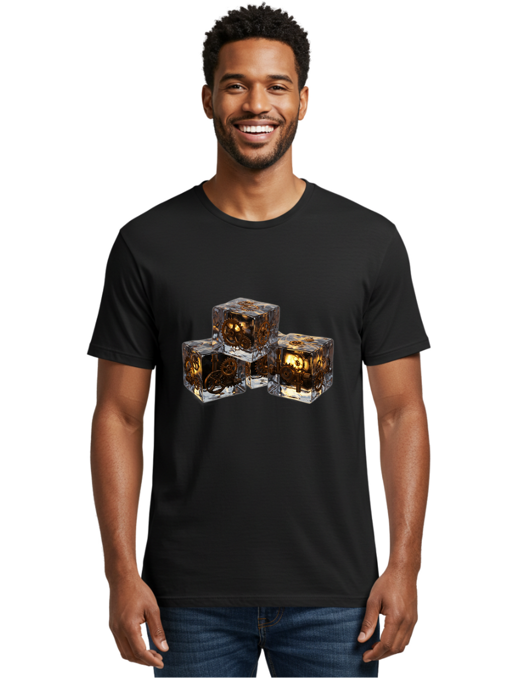 Clockwork-Dice Men'S Graphic Tee, 100% Cotton, Comfortable Casual Summer Wear, Machine Washable, Transparent Dice, Mechanical Gears, Clockwork Mechanisms, Intricate Details, Golden Accents, Modern Gaming Accessories, Tabletop Gaming, Rpg Dice Bac865