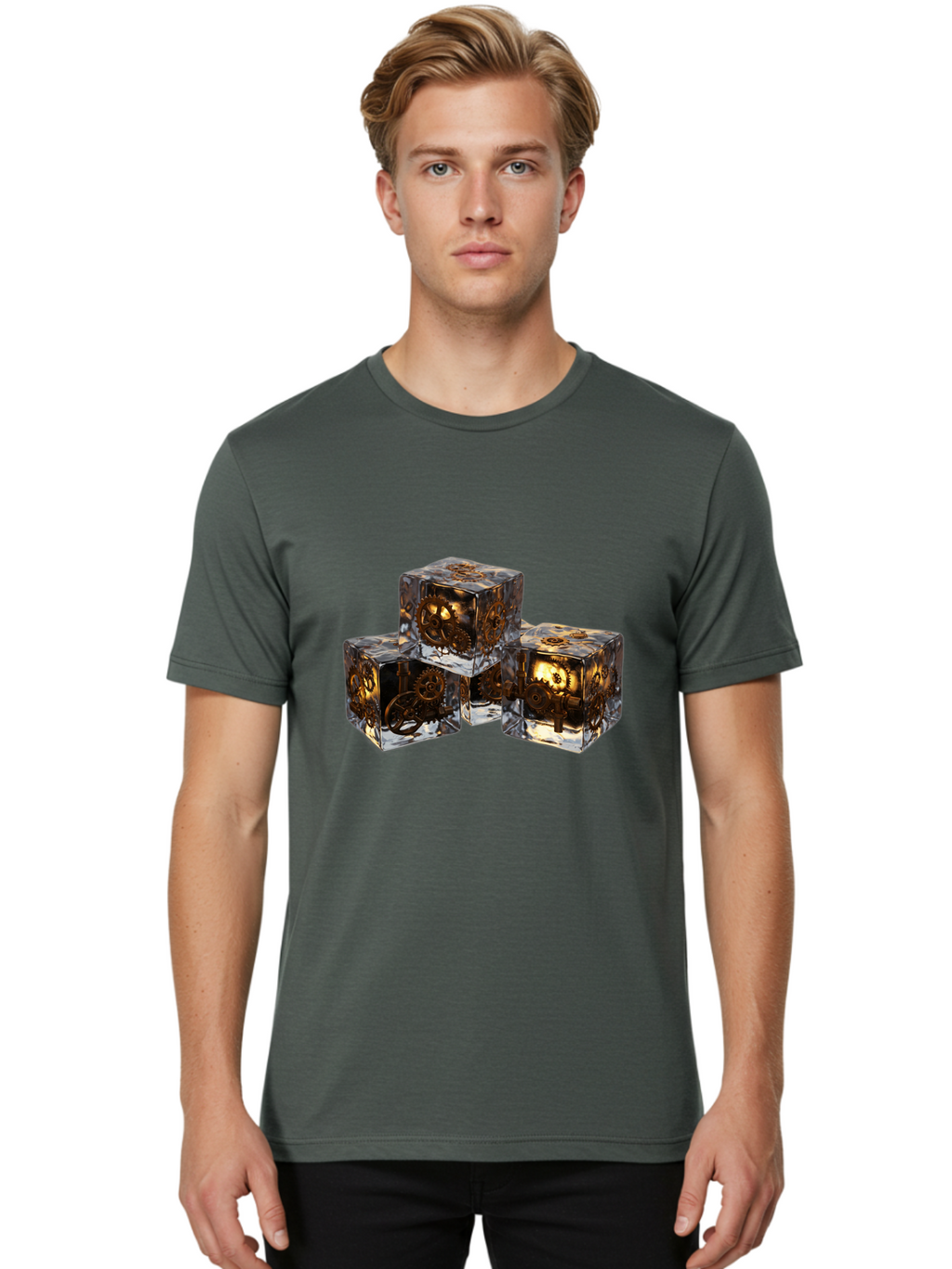 Clockwork-Dice Men'S Graphic Tee, 100% Cotton, Comfortable Casual Summer Wear, Machine Washable, Transparent Dice, Mechanical Gears, Clockwork Mechanisms, Intricate Details, Golden Accents, Modern Gaming Accessories, Tabletop Gaming, Rpg Dice Bac865