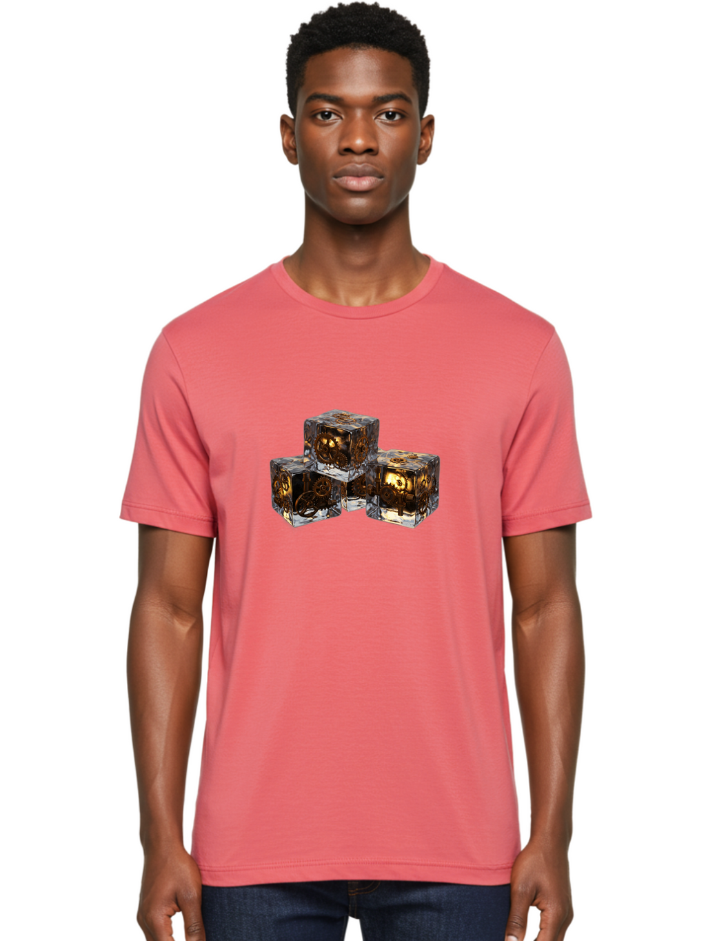Clockwork-Dice Men'S Graphic Tee, 100% Cotton, Comfortable Casual Summer Wear, Machine Washable, Transparent Dice, Mechanical Gears, Clockwork Mechanisms, Intricate Details, Golden Accents, Modern Gaming Accessories, Tabletop Gaming, Rpg Dice Bac865