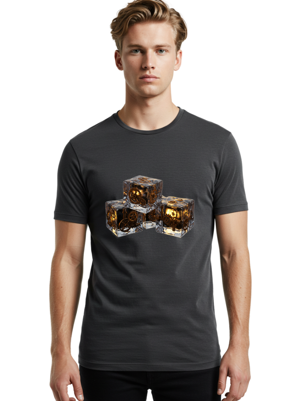 Clockwork-Dice Men'S Graphic Tee, 100% Cotton, Comfortable Casual Summer Wear, Machine Washable, Transparent Dice, Mechanical Gears, Clockwork Mechanisms, Intricate Details, Golden Accents, Modern Gaming Accessories, Tabletop Gaming, Rpg Dice Bac865