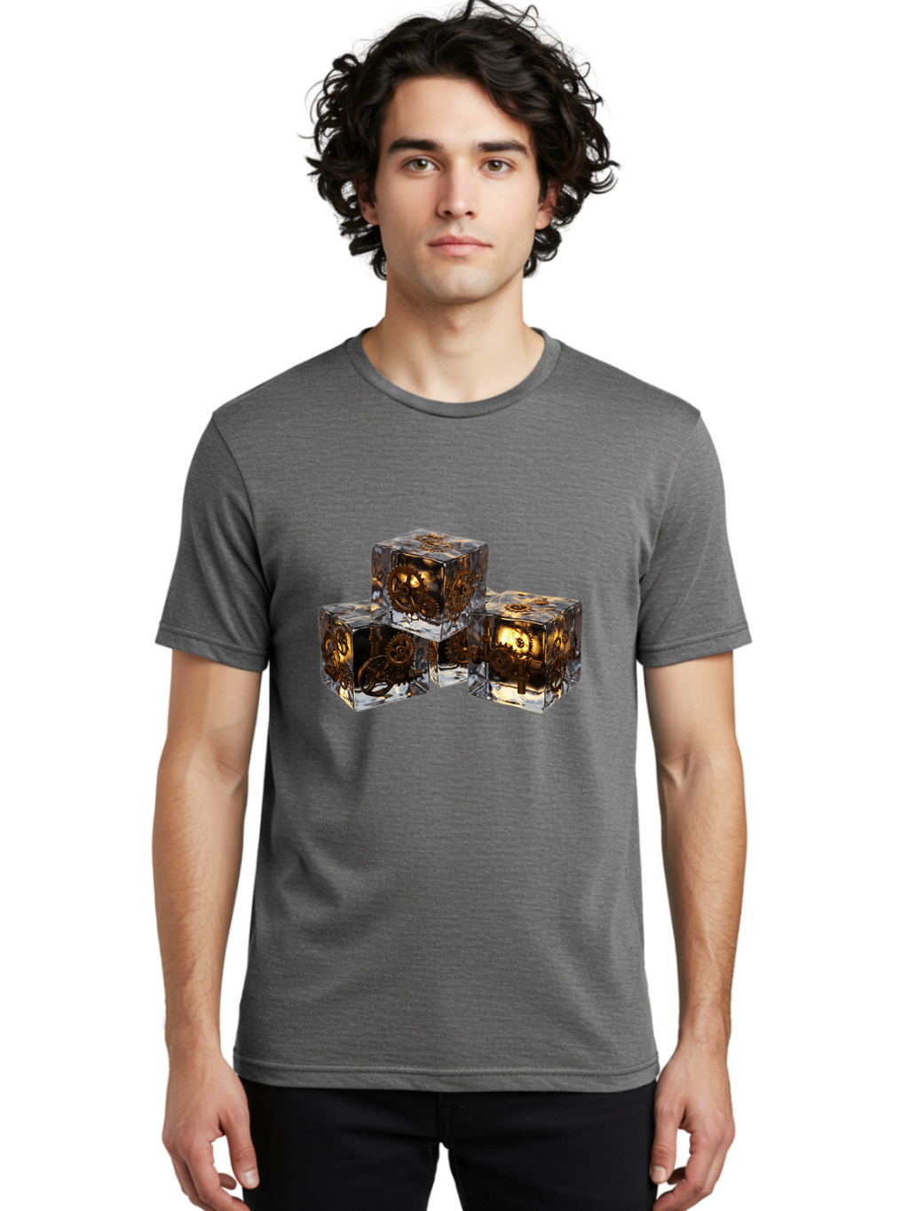 Clockwork-Dice Men'S Graphic Tee, 100% Cotton, Comfortable Casual Summer Wear, Machine Washable, Transparent Dice, Mechanical Gears, Clockwork Mechanisms, Intricate Details, Golden Accents, Modern Gaming Accessories, Tabletop Gaming, Rpg Dice Bac865