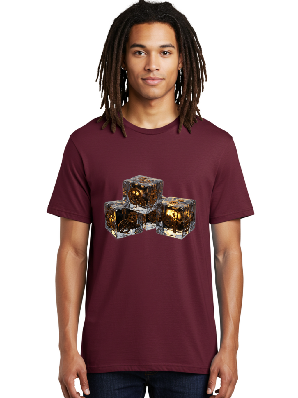 Clockwork-Dice Men'S Graphic Tee, 100% Cotton, Comfortable Casual Summer Wear, Machine Washable, Transparent Dice, Mechanical Gears, Clockwork Mechanisms, Intricate Details, Golden Accents, Modern Gaming Accessories, Tabletop Gaming, Rpg Dice Bac865