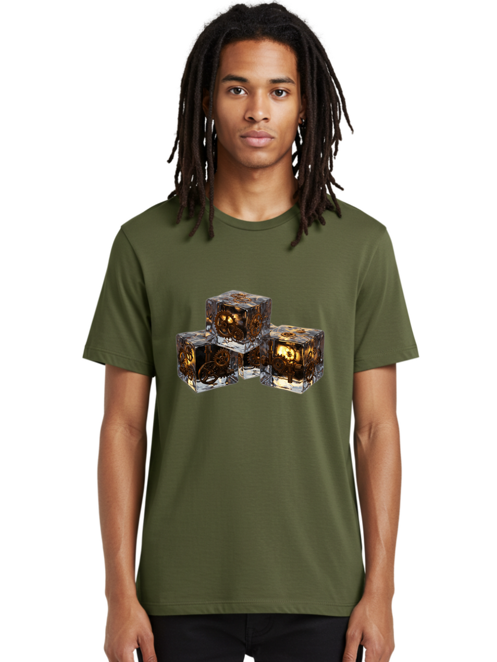 Clockwork-Dice Men'S Graphic Tee, 100% Cotton, Comfortable Casual Summer Wear, Machine Washable, Transparent Dice, Mechanical Gears, Clockwork Mechanisms, Intricate Details, Golden Accents, Modern Gaming Accessories, Tabletop Gaming, Rpg Dice Bac865