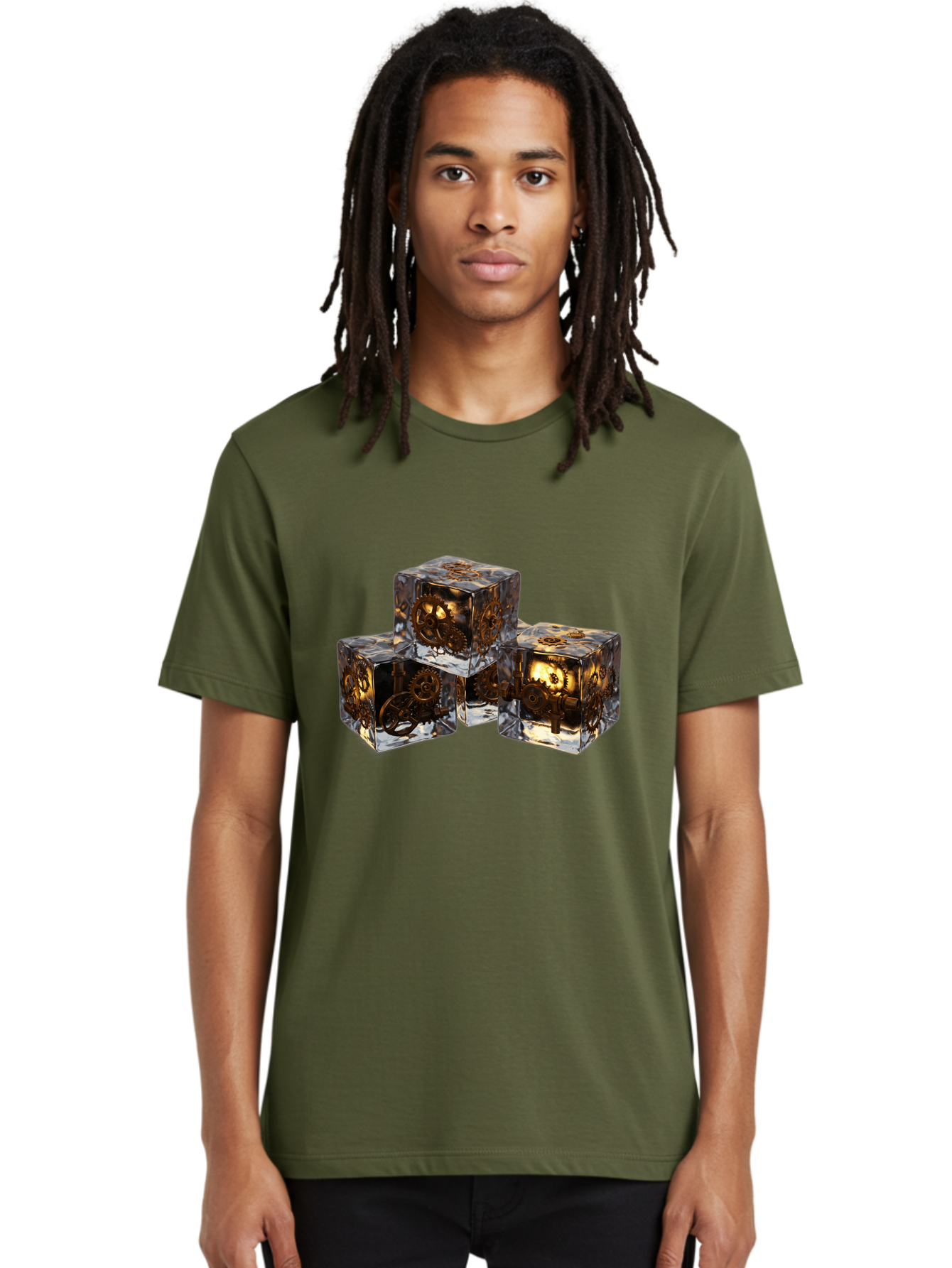Clockwork-Dice Men'S Graphic Tee, 100% Cotton, Comfortable Casual Summer Wear, Machine Washable, Transparent Dice, Mechanical Gears, Clockwork Mechanisms, Intricate Details, Golden Accents, Modern Gaming Accessories, Tabletop Gaming, Rpg Dice Bac865