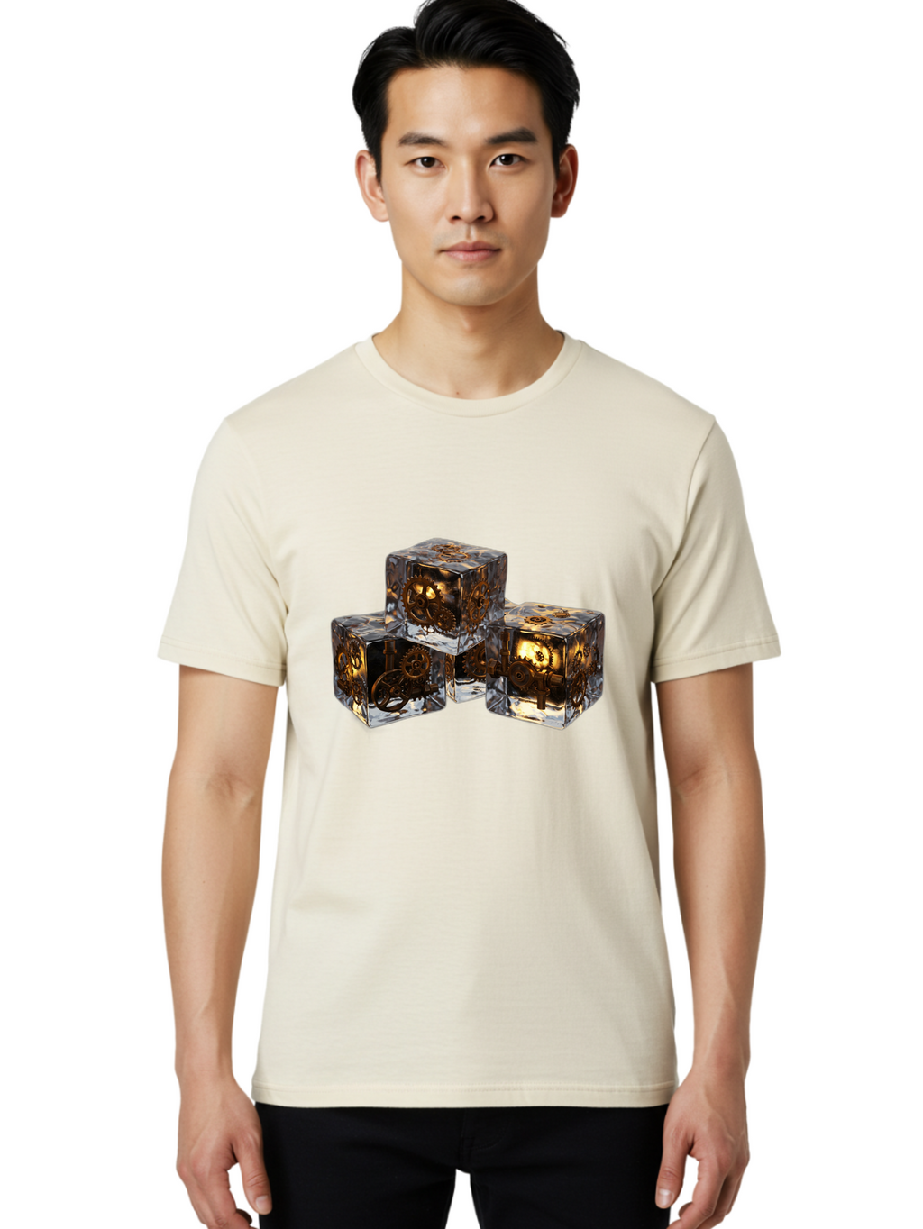 Clockwork-Dice Men'S Graphic Tee, 100% Cotton, Comfortable Casual Summer Wear, Machine Washable, Transparent Dice, Mechanical Gears, Clockwork Mechanisms, Intricate Details, Golden Accents, Modern Gaming Accessories, Tabletop Gaming, Rpg Dice Bac865