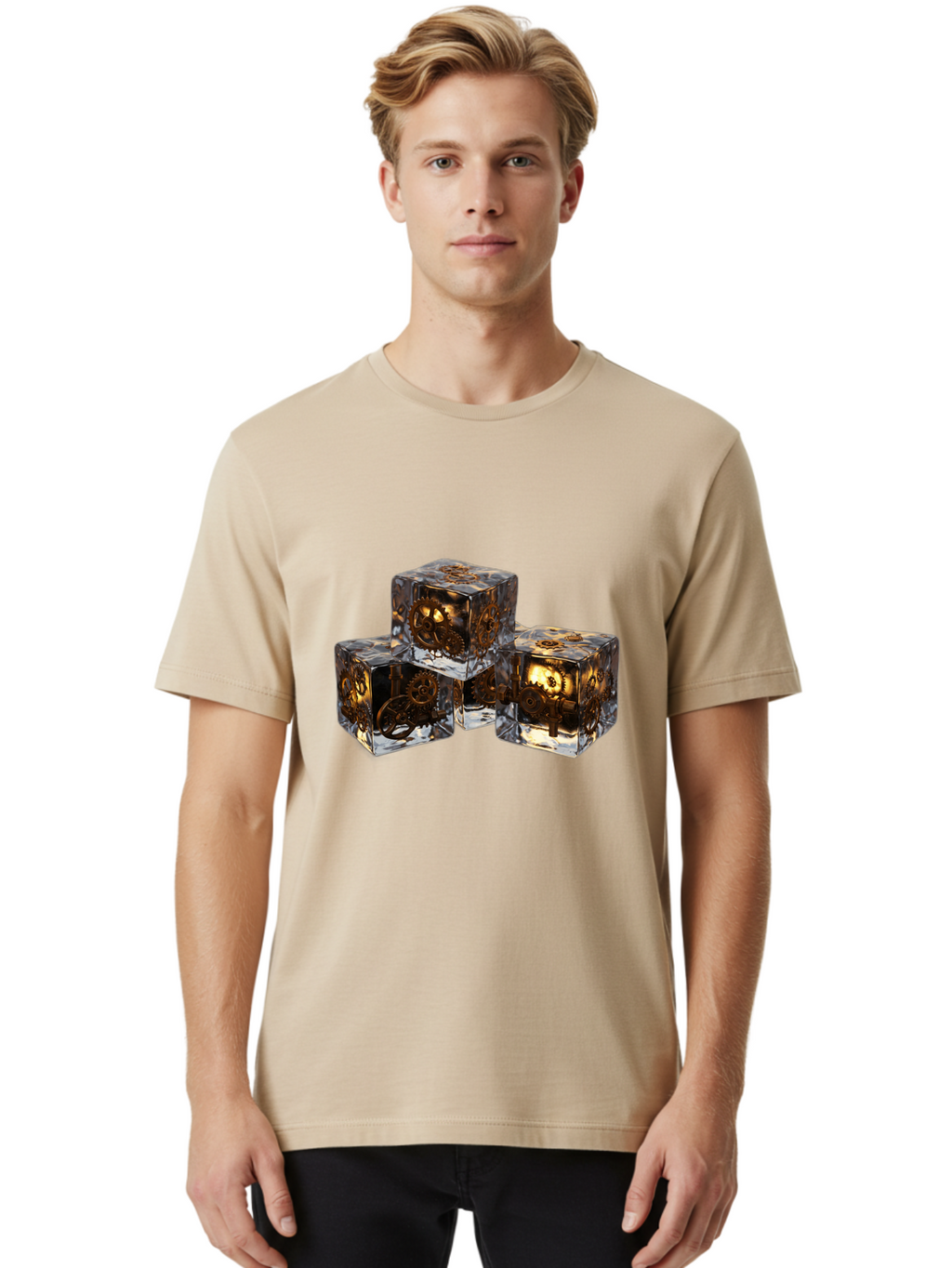 Clockwork-Dice Men'S Graphic Tee, 100% Cotton, Comfortable Casual Summer Wear, Machine Washable, Transparent Dice, Mechanical Gears, Clockwork Mechanisms, Intricate Details, Golden Accents, Modern Gaming Accessories, Tabletop Gaming, Rpg Dice Bac865
