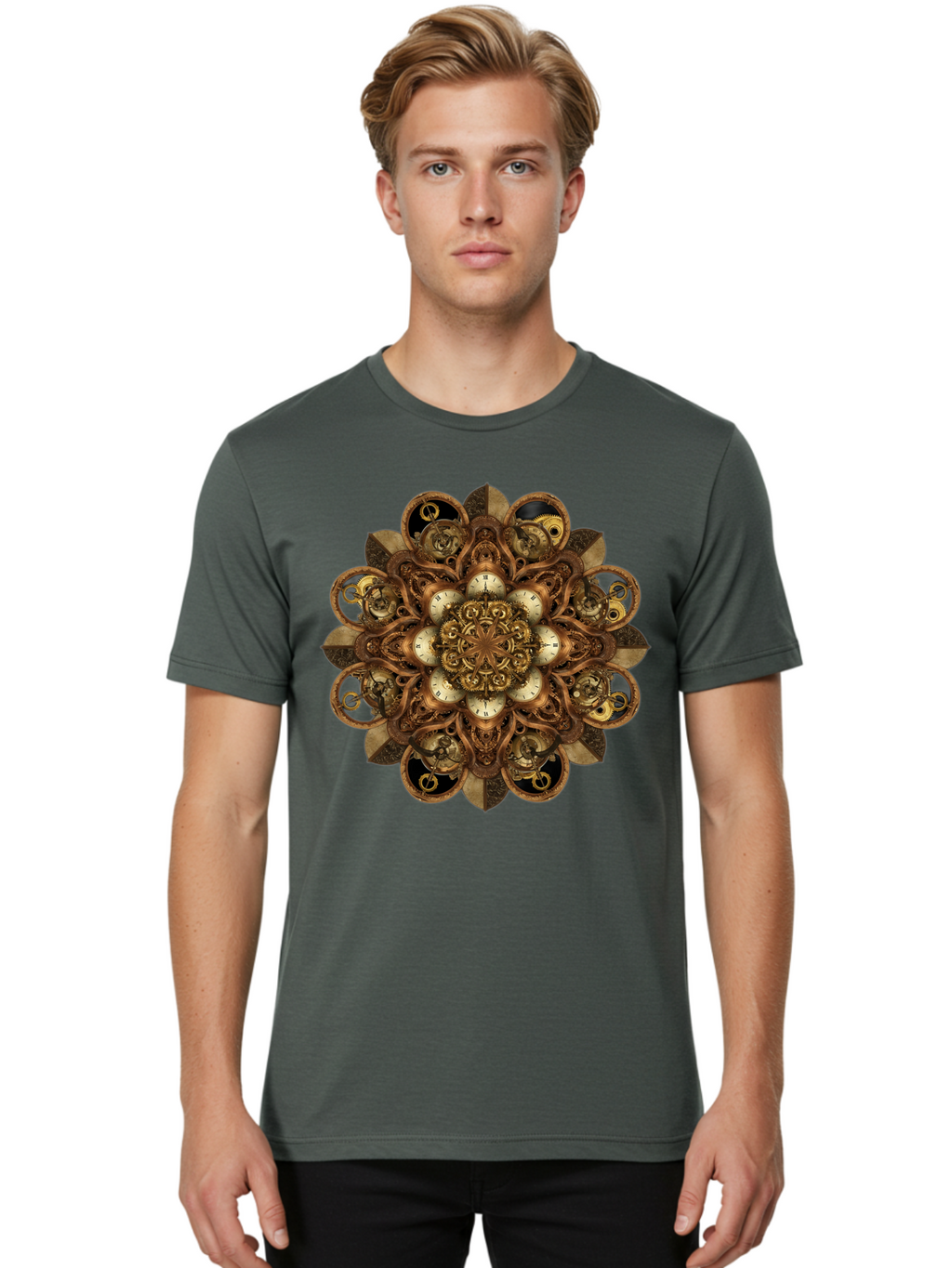Clockwork-Mandala Men'S Graphic Tee, 100% Cotton, Comfortable Casual Summer Wear, Machine Washable, Steampunk Clock Mandala, Intricate Clockwork Design, Antique Clockwork Mechanism, Ornate Patterns, Vintage Gears, Complex Artwork, Surreal Art, Bac866