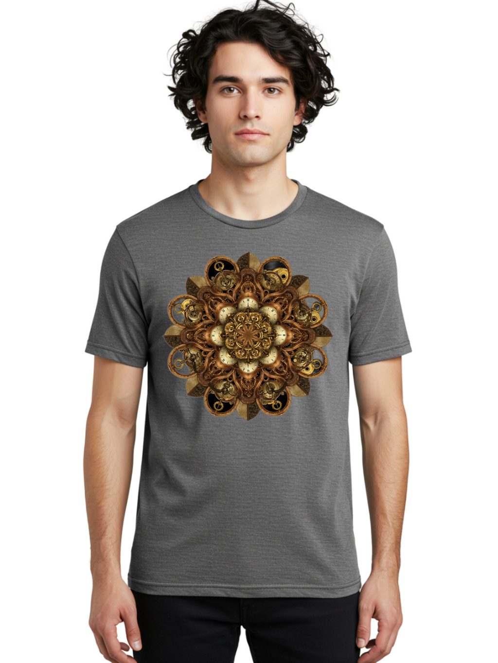Clockwork-Mandala Men'S Graphic Tee, 100% Cotton, Comfortable Casual Summer Wear, Machine Washable, Steampunk Clock Mandala, Intricate Clockwork Design, Antique Clockwork Mechanism, Ornate Patterns, Vintage Gears, Complex Artwork, Surreal Art, Bac866