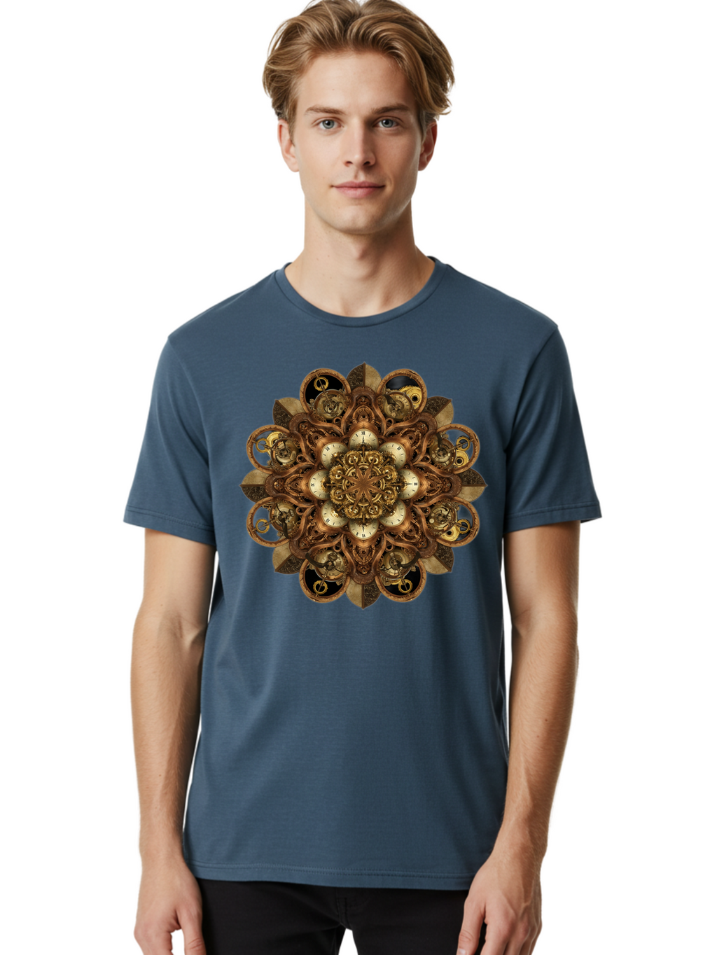 Clockwork-Mandala Men'S Graphic Tee, 100% Cotton, Comfortable Casual Summer Wear, Machine Washable, Steampunk Clock Mandala, Intricate Clockwork Design, Antique Clockwork Mechanism, Ornate Patterns, Vintage Gears, Complex Artwork, Surreal Art, Bac866