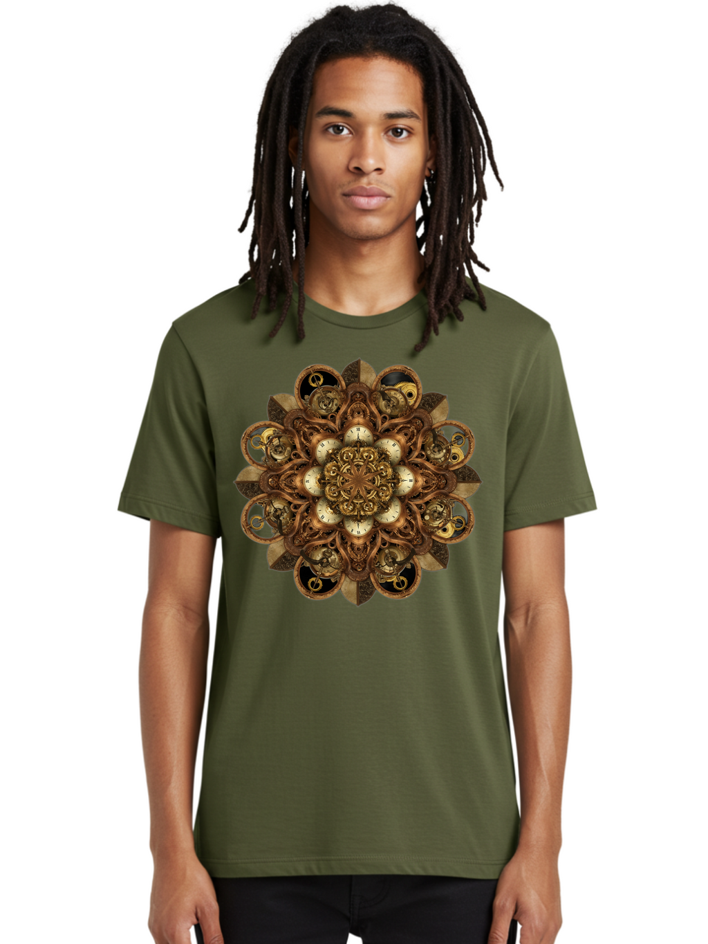 Clockwork-Mandala Men'S Graphic Tee, 100% Cotton, Comfortable Casual Summer Wear, Machine Washable, Steampunk Clock Mandala, Intricate Clockwork Design, Antique Clockwork Mechanism, Ornate Patterns, Vintage Gears, Complex Artwork, Surreal Art, Bac866