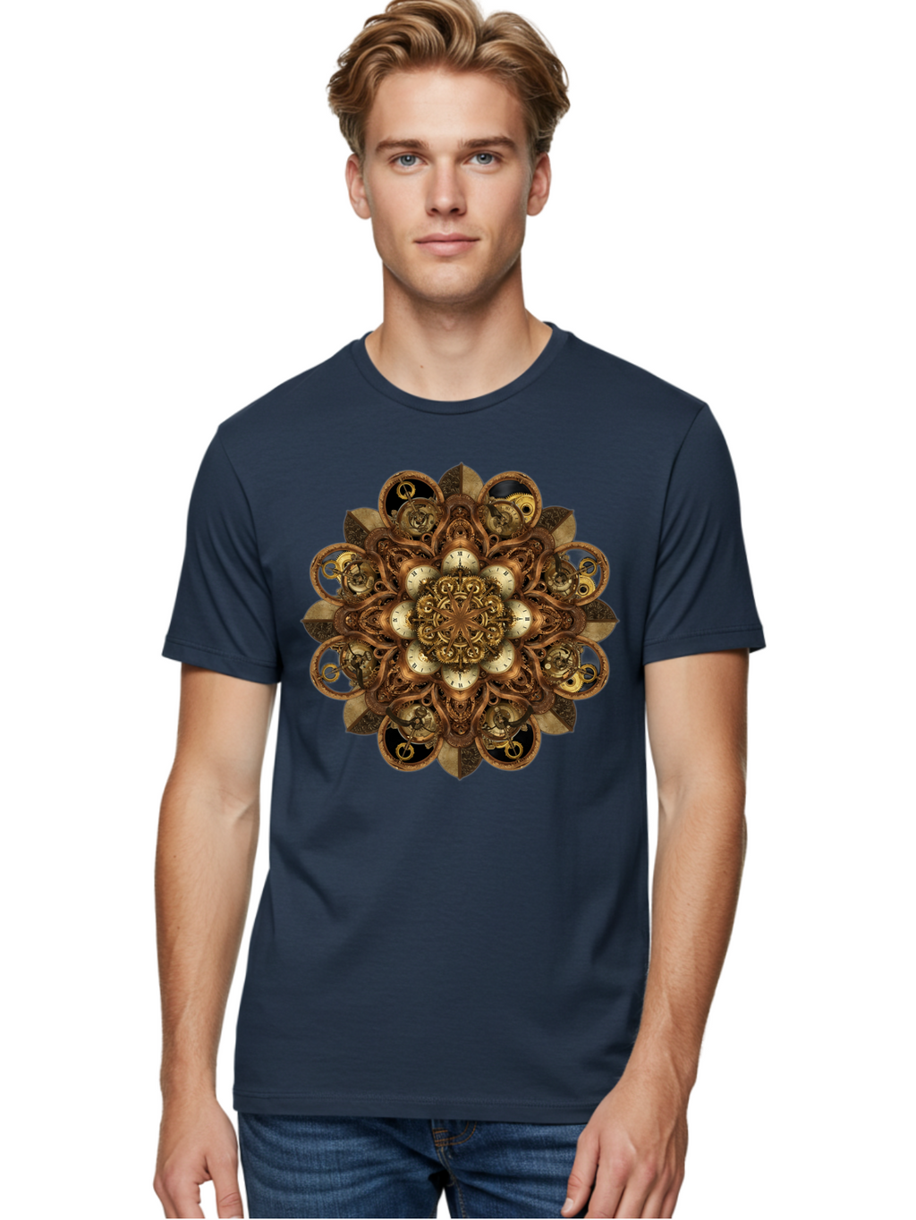 Clockwork-Mandala Men'S Graphic Tee, 100% Cotton, Comfortable Casual Summer Wear, Machine Washable, Steampunk Clock Mandala, Intricate Clockwork Design, Antique Clockwork Mechanism, Ornate Patterns, Vintage Gears, Complex Artwork, Surreal Art, Bac866