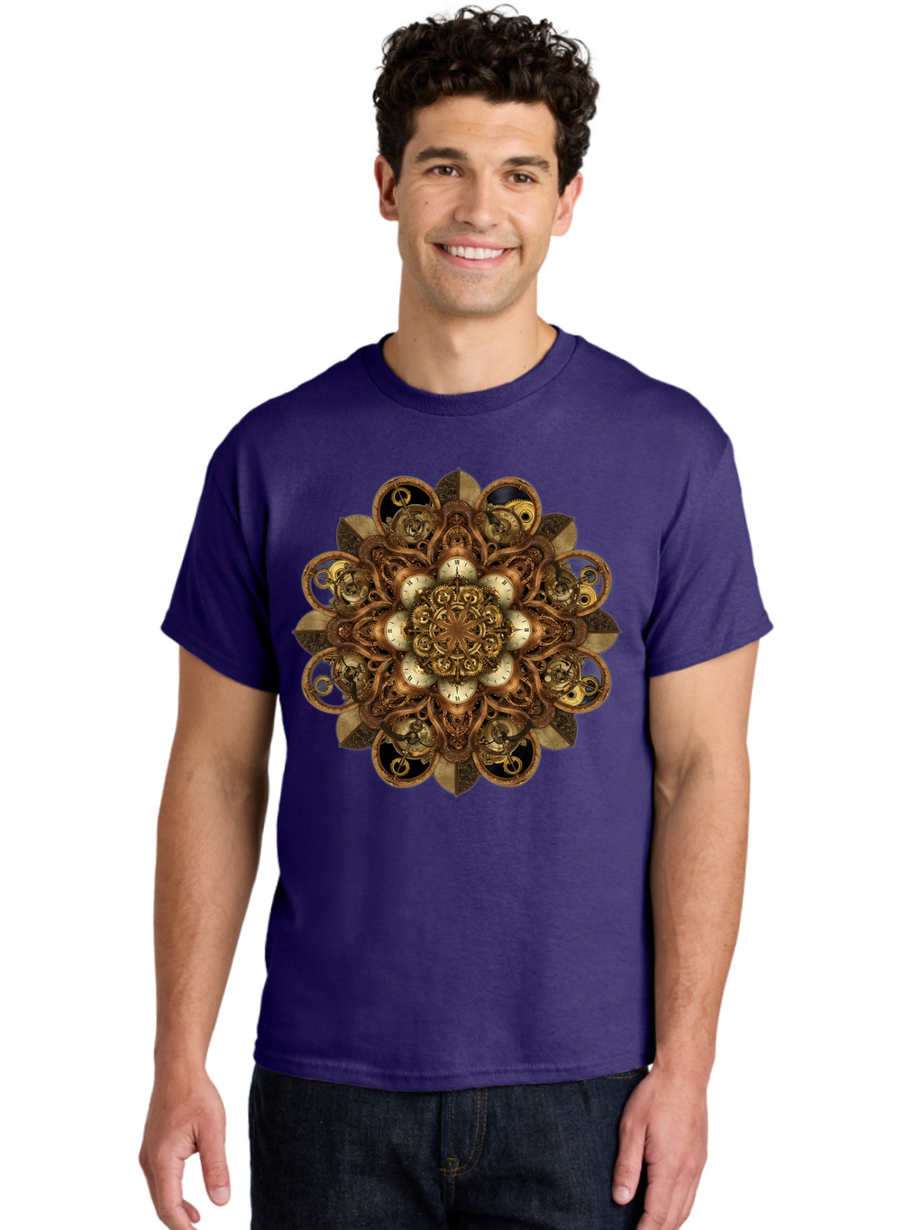 Clockwork-Mandala Men'S Graphic Tee, 100% Cotton, Comfortable Casual Summer Wear, Machine Washable, Steampunk Clock Mandala, Intricate Clockwork Design, Antique Clockwork Mechanism, Ornate Patterns, Vintage Gears, Complex Artwork, Surreal Art, Bac866