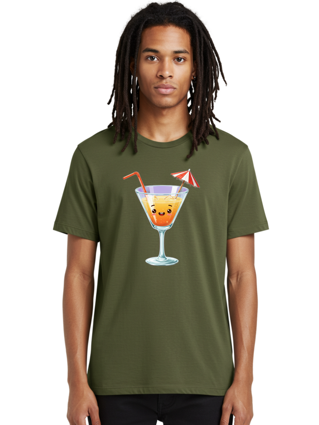 Cocktail-Glass-1 Men'S Graphic Tee, 100% Cotton, Comfortable Casual Summer Wear, Machine Washable, Orange Cocktail, Cartoon Character, Kawaii Drink, Cheerful Face, Refreshing Beverage, Vibrant Colors, Playful Straw, Umbrella Decoration, Bac867