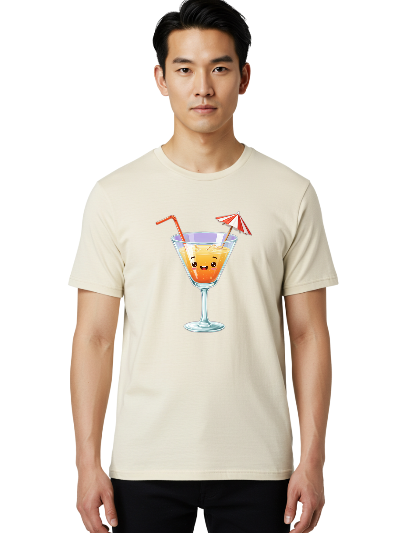 Cocktail-Glass-1 Men'S Graphic Tee, 100% Cotton, Comfortable Casual Summer Wear, Machine Washable, Orange Cocktail, Cartoon Character, Kawaii Drink, Cheerful Face, Refreshing Beverage, Vibrant Colors, Playful Straw, Umbrella Decoration, Bac867