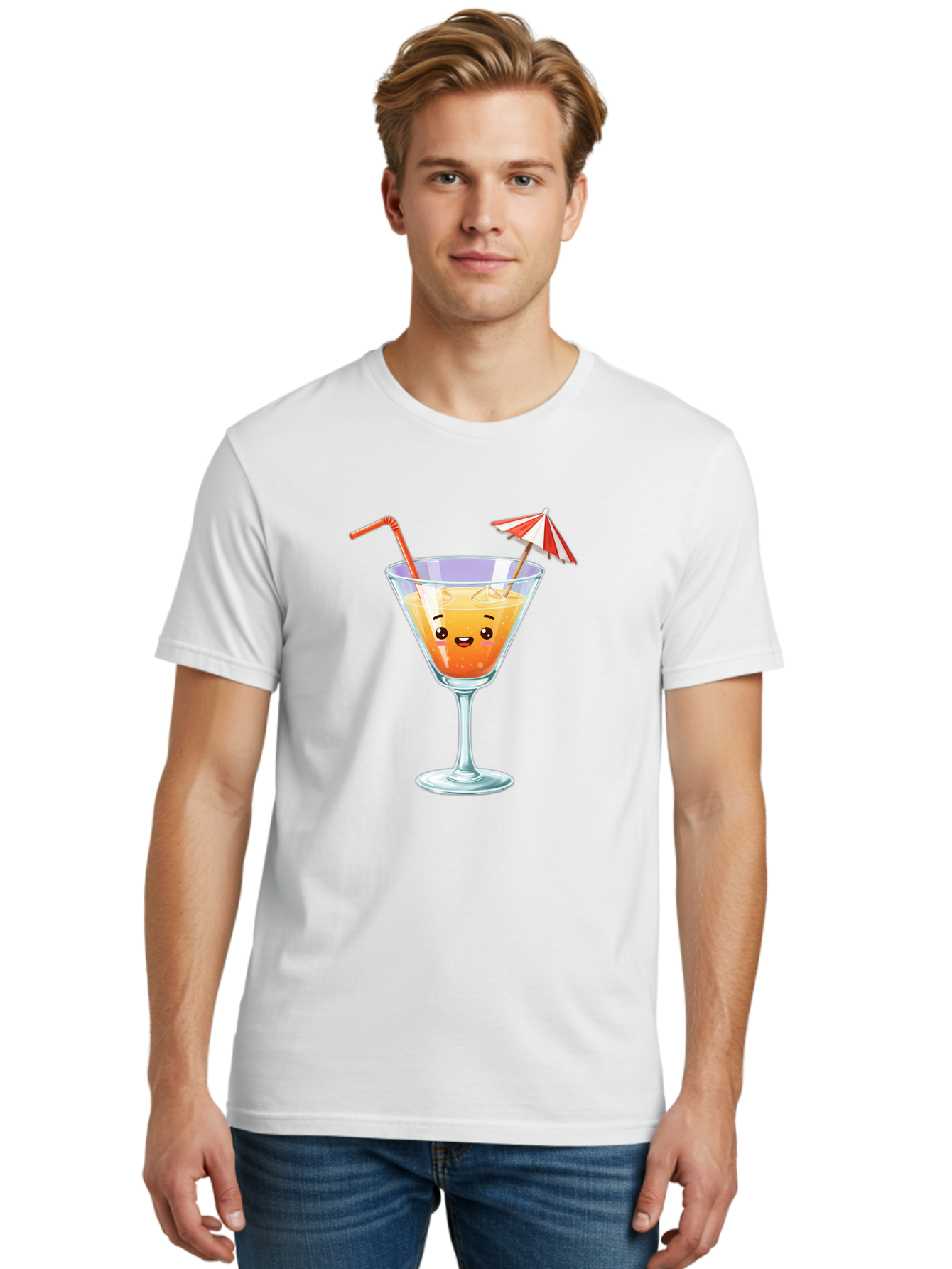Cocktail-Glass-1 Men'S Graphic Tee, 100% Cotton, Comfortable Casual Summer Wear, Machine Washable, Orange Cocktail, Cartoon Character, Kawaii Drink, Cheerful Face, Refreshing Beverage, Vibrant Colors, Playful Straw, Umbrella Decoration, Bac867