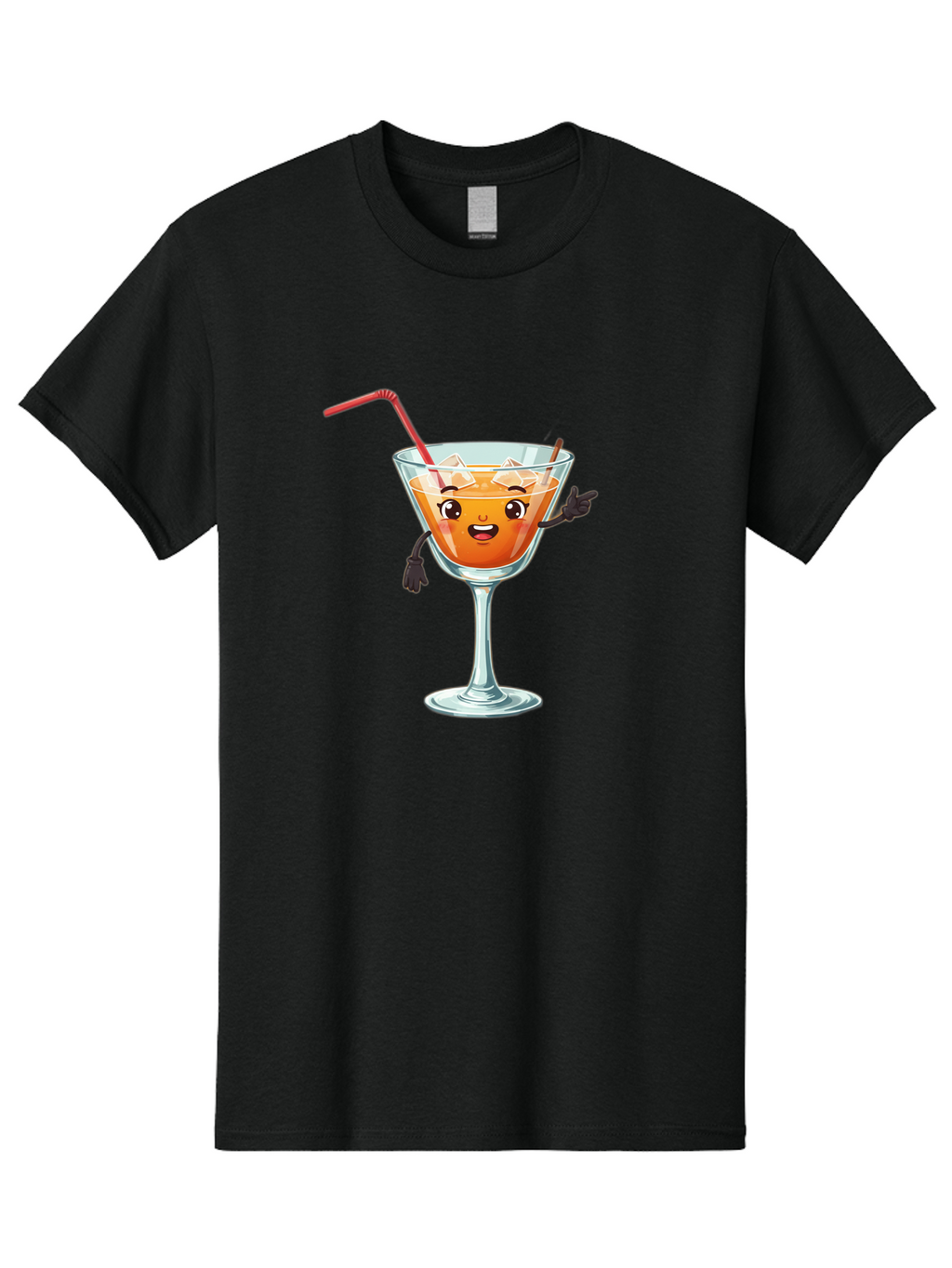 Cocktail-Glass-2 Men'S Graphic Tee, 100% Cotton, Comfortable Casual Summer Wear, Machine Washable, Cartoon Cocktail Glass, Orange Drink, Red Straw, Ice Cubes, Smiling Face, Playful Character, Anthropomorphic Drink, Funny Illustration, Bac868