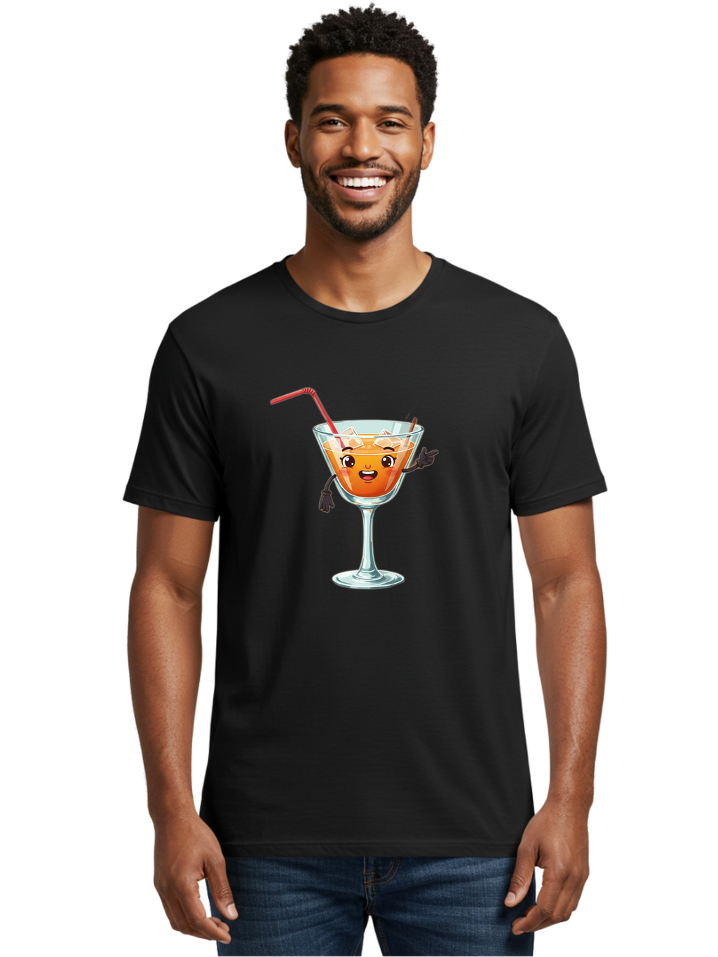 Cocktail-Glass-2 Men'S Graphic Tee, 100% Cotton, Comfortable Casual Summer Wear, Machine Washable, Cartoon Cocktail Glass, Orange Drink, Red Straw, Ice Cubes, Smiling Face, Playful Character, Anthropomorphic Drink, Funny Illustration, Bac868
