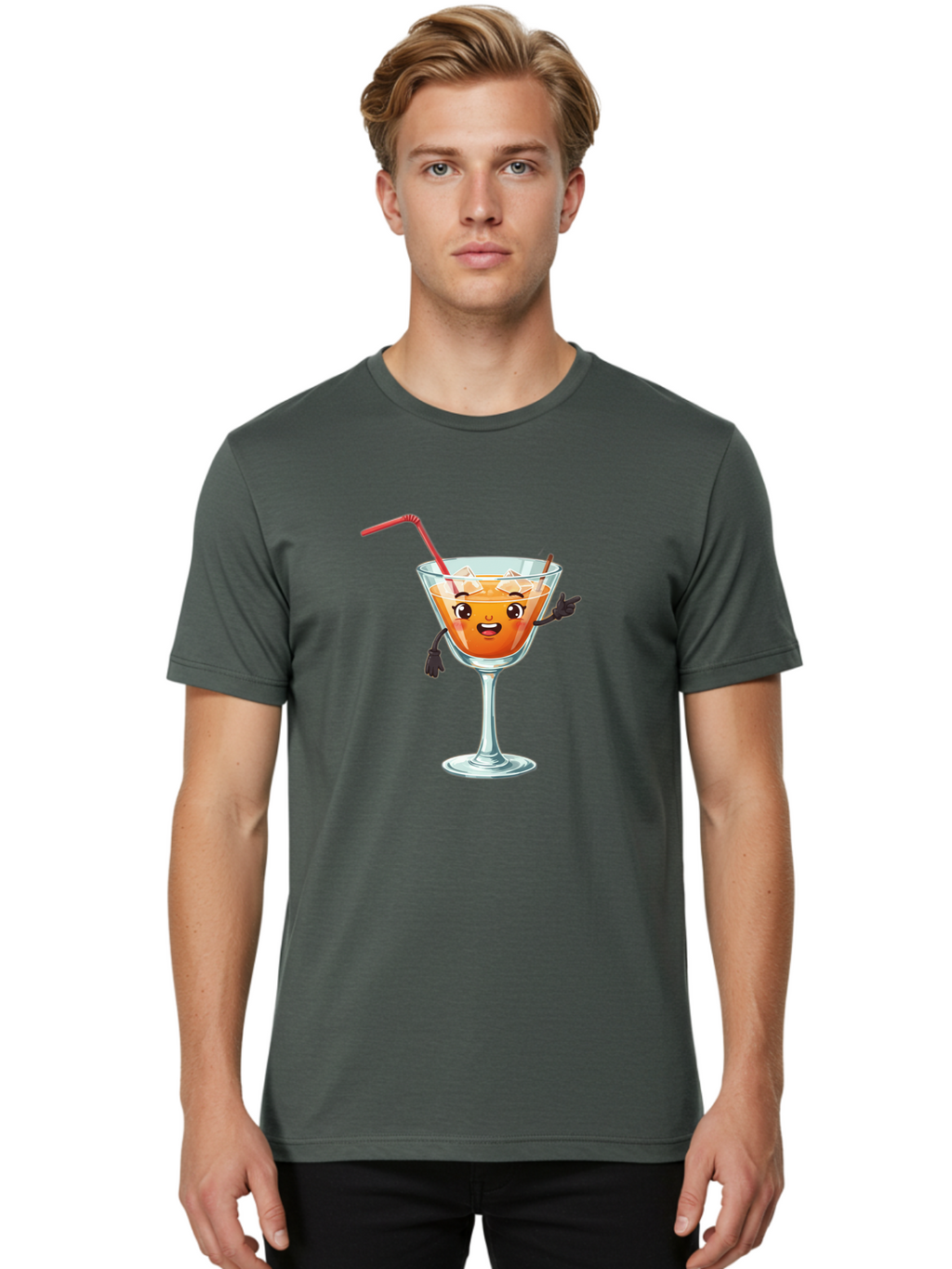 Cocktail-Glass-2 Men'S Graphic Tee, 100% Cotton, Comfortable Casual Summer Wear, Machine Washable, Cartoon Cocktail Glass, Orange Drink, Red Straw, Ice Cubes, Smiling Face, Playful Character, Anthropomorphic Drink, Funny Illustration, Bac868