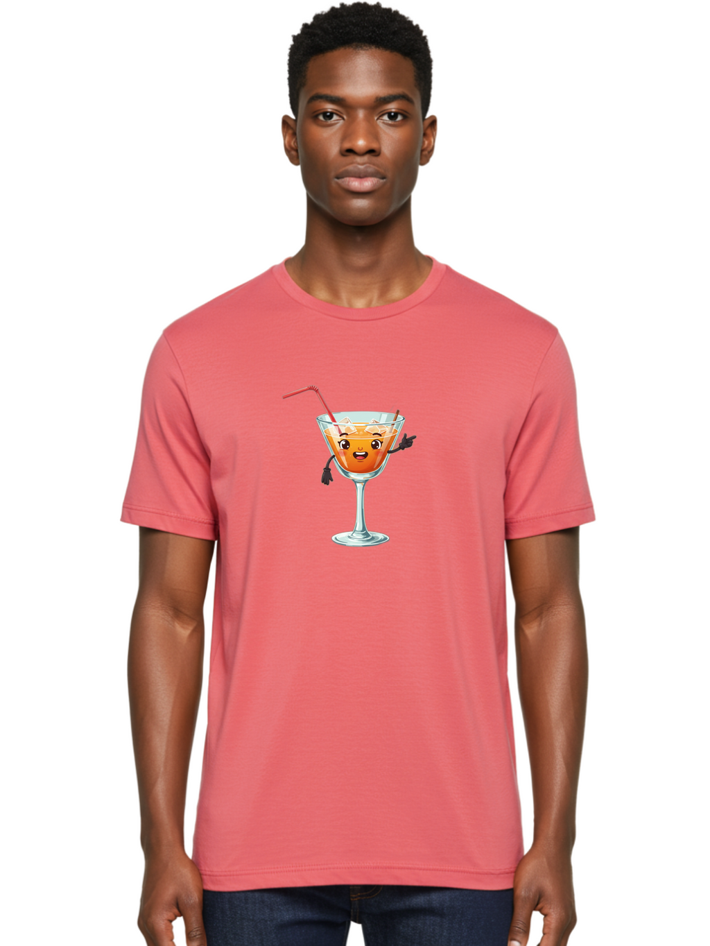 Cocktail-Glass-2 Men'S Graphic Tee, 100% Cotton, Comfortable Casual Summer Wear, Machine Washable, Cartoon Cocktail Glass, Orange Drink, Red Straw, Ice Cubes, Smiling Face, Playful Character, Anthropomorphic Drink, Funny Illustration, Bac868