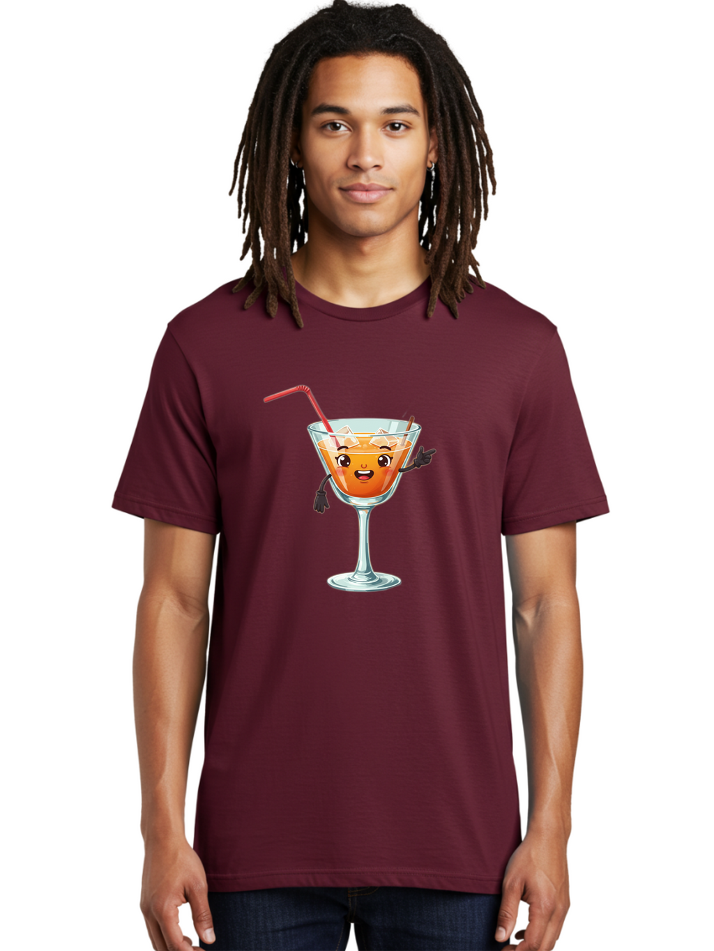 Cocktail-Glass-2 Men'S Graphic Tee, 100% Cotton, Comfortable Casual Summer Wear, Machine Washable, Cartoon Cocktail Glass, Orange Drink, Red Straw, Ice Cubes, Smiling Face, Playful Character, Anthropomorphic Drink, Funny Illustration, Bac868