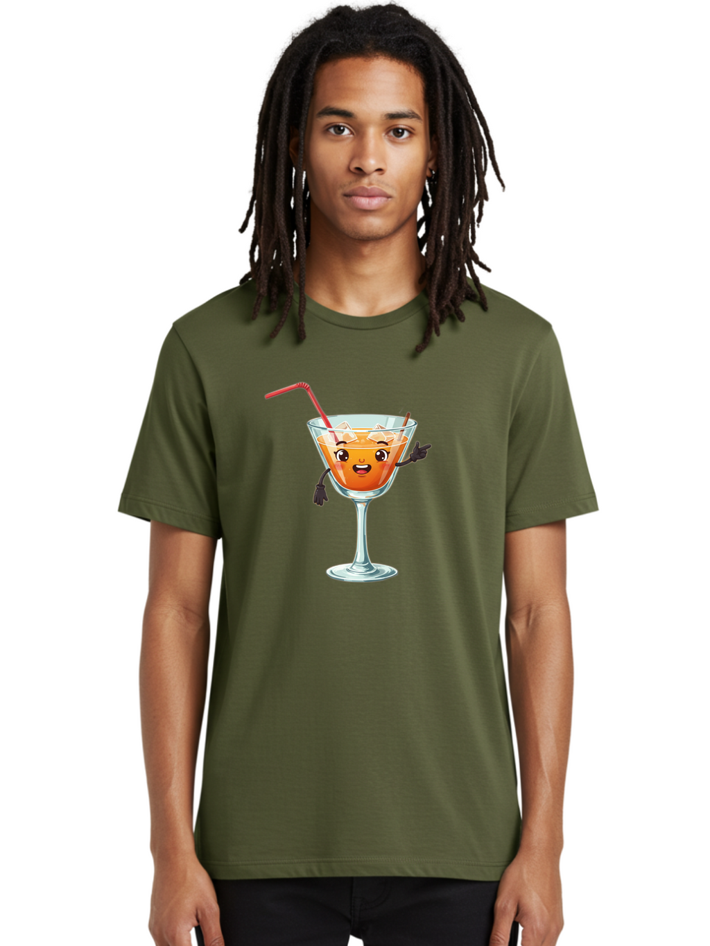 Cocktail-Glass-2 Men'S Graphic Tee, 100% Cotton, Comfortable Casual Summer Wear, Machine Washable, Cartoon Cocktail Glass, Orange Drink, Red Straw, Ice Cubes, Smiling Face, Playful Character, Anthropomorphic Drink, Funny Illustration, Bac868