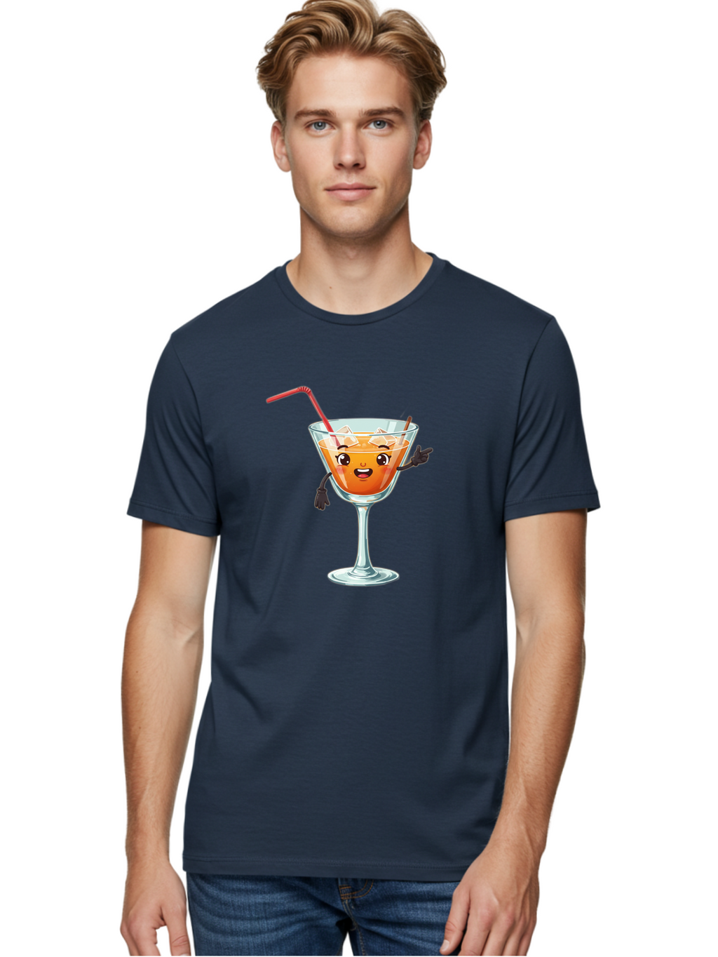 Cocktail-Glass-2 Men'S Graphic Tee, 100% Cotton, Comfortable Casual Summer Wear, Machine Washable, Cartoon Cocktail Glass, Orange Drink, Red Straw, Ice Cubes, Smiling Face, Playful Character, Anthropomorphic Drink, Funny Illustration, Bac868