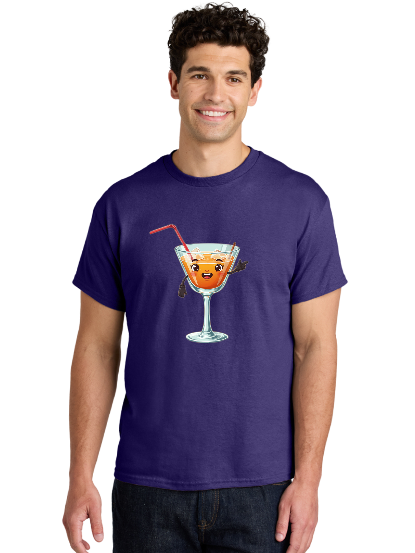 Cocktail-Glass-2 Men'S Graphic Tee, 100% Cotton, Comfortable Casual Summer Wear, Machine Washable, Cartoon Cocktail Glass, Orange Drink, Red Straw, Ice Cubes, Smiling Face, Playful Character, Anthropomorphic Drink, Funny Illustration, Bac868