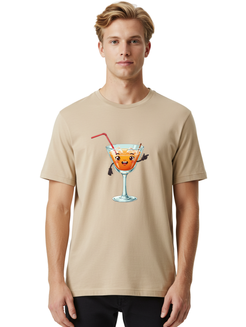 Cocktail-Glass-2 Men'S Graphic Tee, 100% Cotton, Comfortable Casual Summer Wear, Machine Washable, Cartoon Cocktail Glass, Orange Drink, Red Straw, Ice Cubes, Smiling Face, Playful Character, Anthropomorphic Drink, Funny Illustration, Bac868
