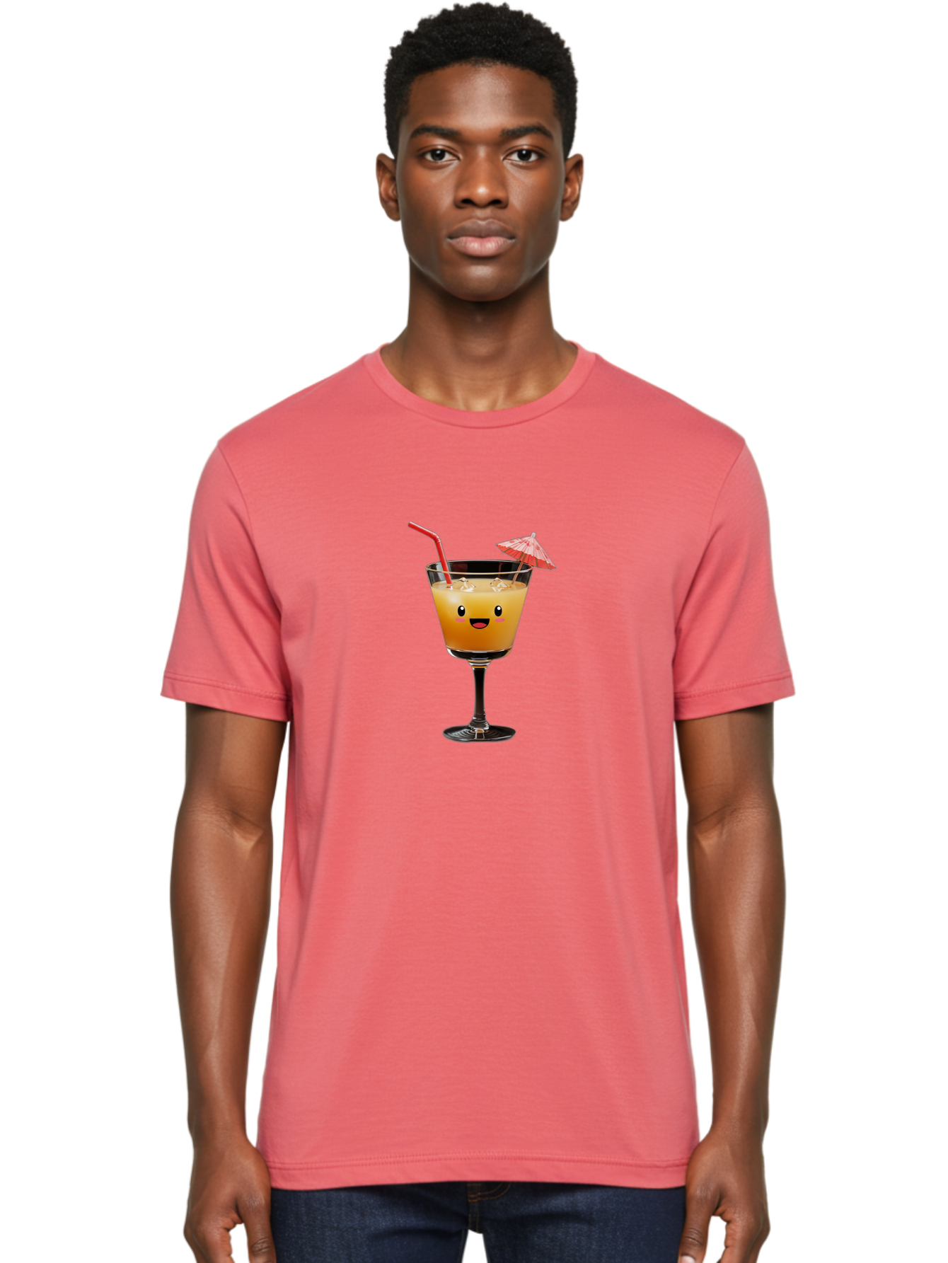 Cocktail-Glass-3 Men'S Graphic Tee, 100% Cotton, Comfortable Casual Summer Wear, Machine Washable, Cocktail Glass, Smiling Face, Orange Drink, Red Straw, Red Umbrella, Funny Character, Cartoon Style, Refreshing Beverage, Summer Drink Bac869