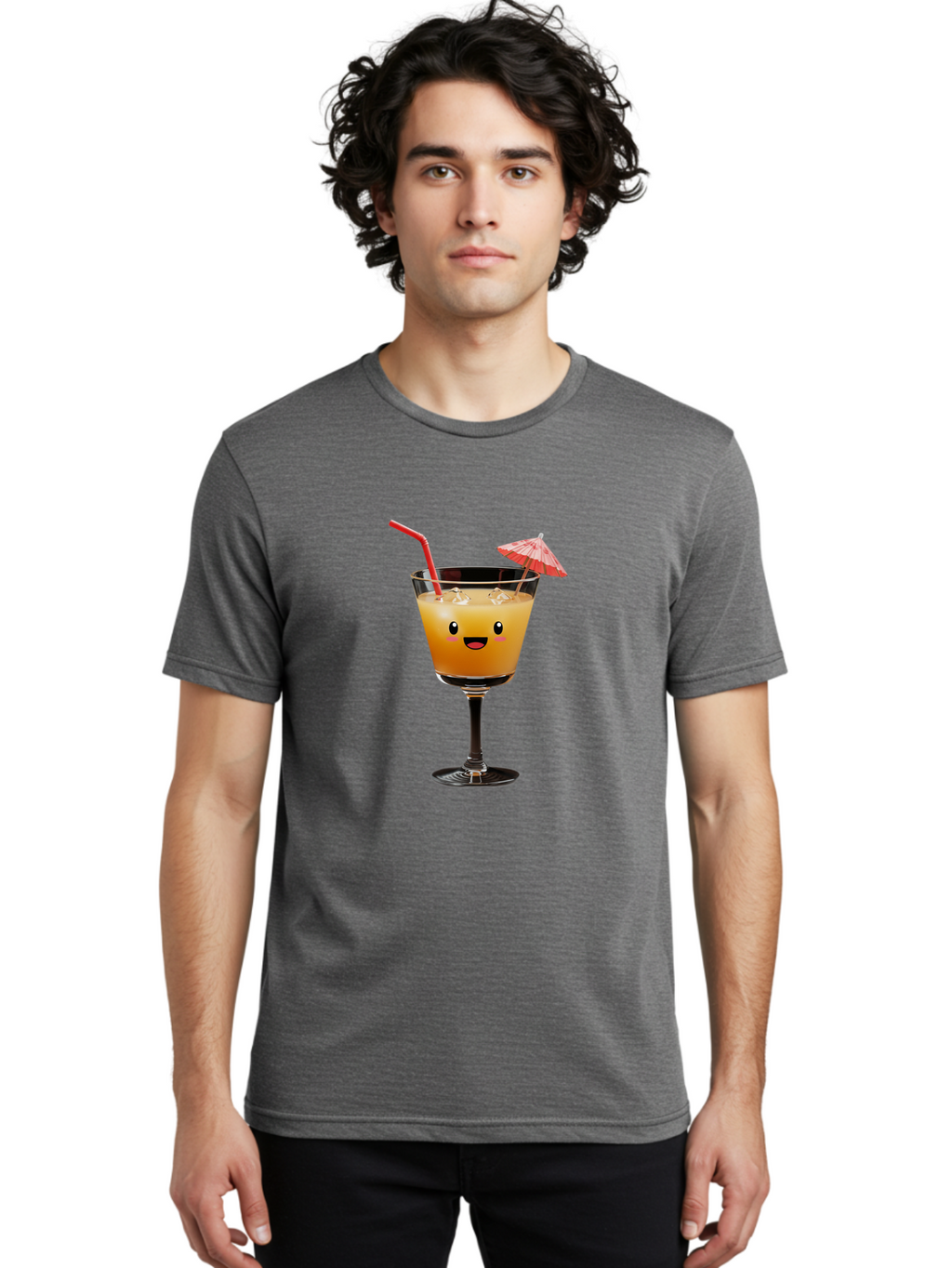 Cocktail-Glass-3 Men'S Graphic Tee, 100% Cotton, Comfortable Casual Summer Wear, Machine Washable, Cocktail Glass, Smiling Face, Orange Drink, Red Straw, Red Umbrella, Funny Character, Cartoon Style, Refreshing Beverage, Summer Drink Bac869