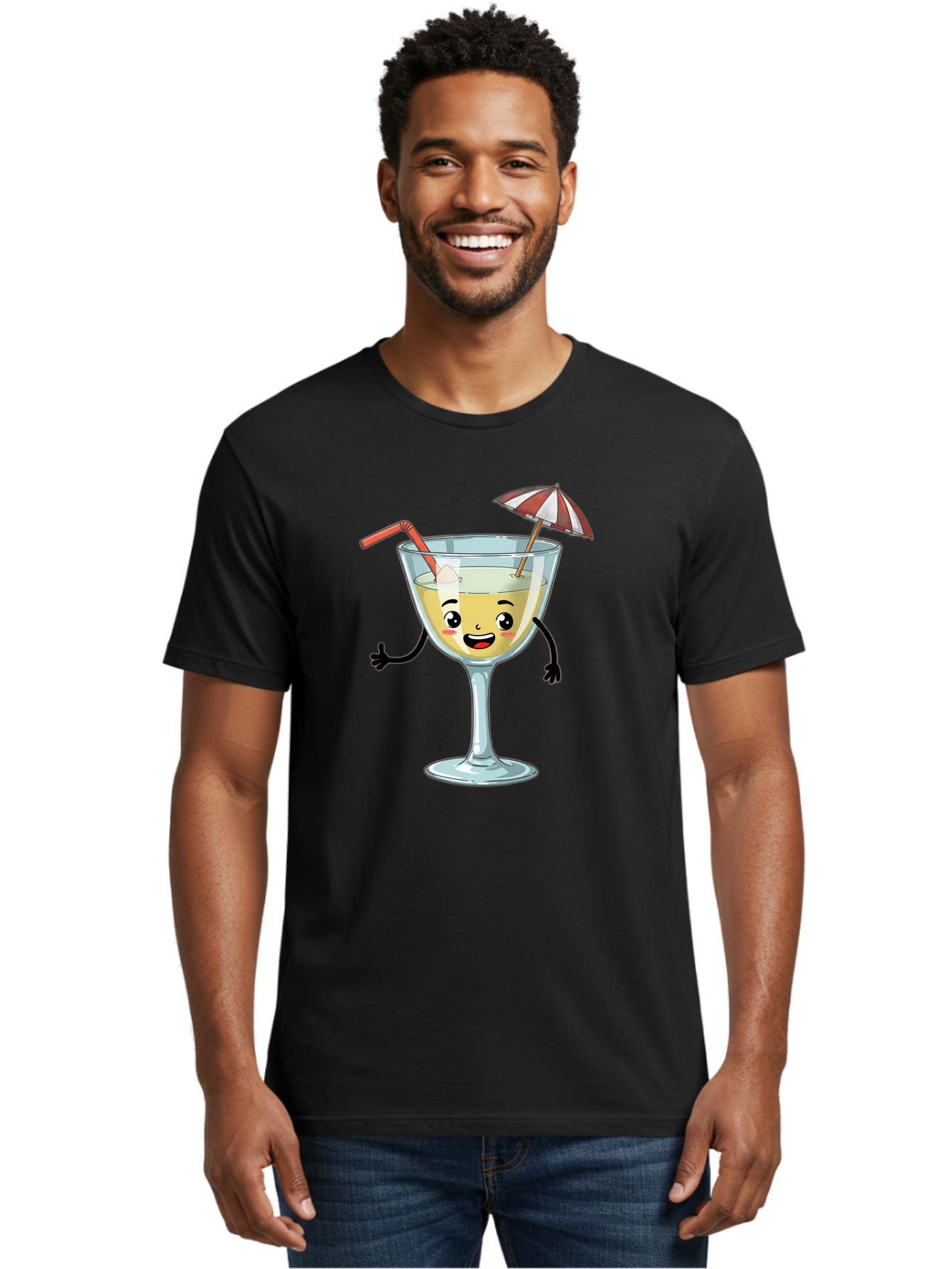 Cocktail-Glass-Character Men'S Graphic Tee, 100% Cotton, Comfortable Casual Summer Wear, Machine Washable, Cartoon Cocktail Glass, Happy Face, Yellow Drink, Cocktail Umbrella, Straw, Summer Vibe, Fun, Refreshing Drink, Party Theme Bac871