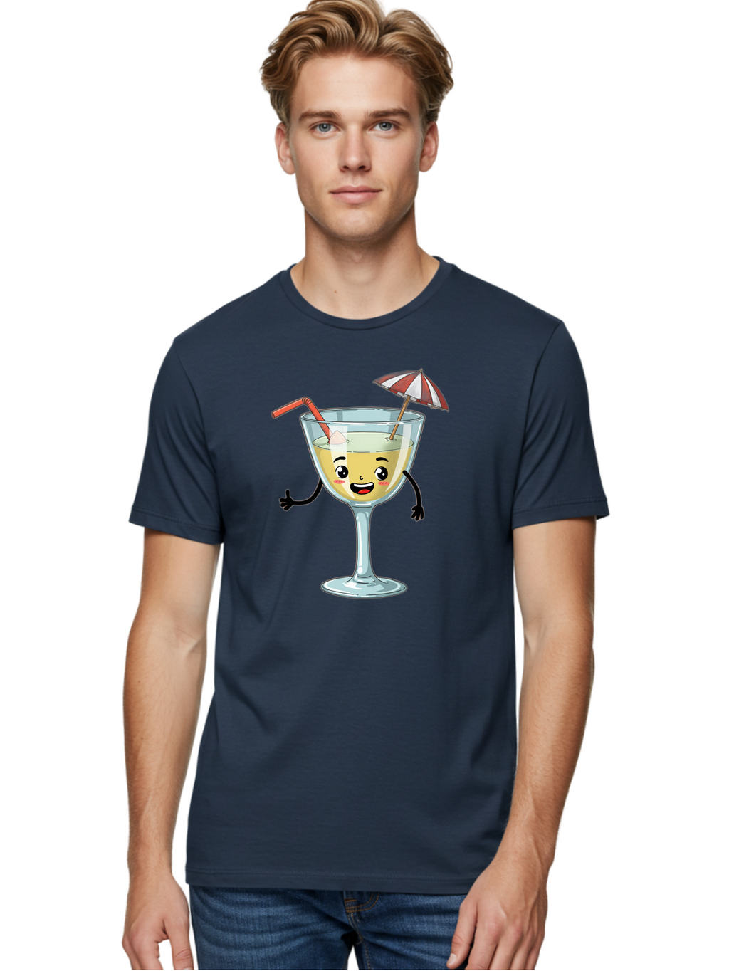 Cocktail-Glass-Character Men'S Graphic Tee, 100% Cotton, Comfortable Casual Summer Wear, Machine Washable, Cartoon Cocktail Glass, Happy Face, Yellow Drink, Cocktail Umbrella, Straw, Summer Vibe, Fun, Refreshing Drink, Party Theme Bac871