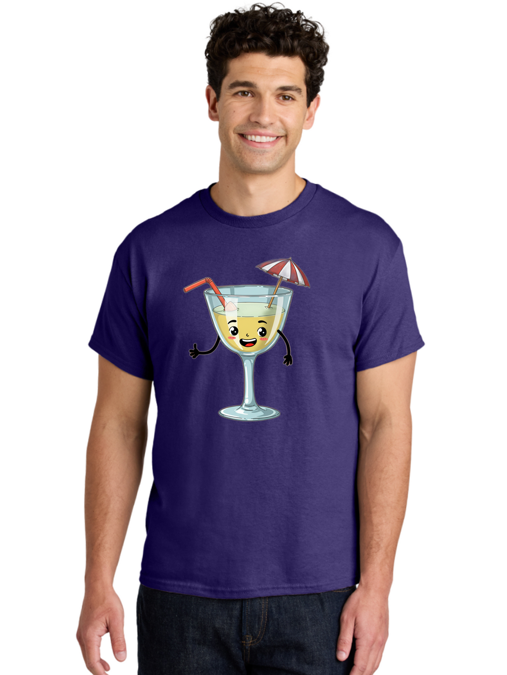 Cocktail-Glass-Character Men'S Graphic Tee, 100% Cotton, Comfortable Casual Summer Wear, Machine Washable, Cartoon Cocktail Glass, Happy Face, Yellow Drink, Cocktail Umbrella, Straw, Summer Vibe, Fun, Refreshing Drink, Party Theme Bac871