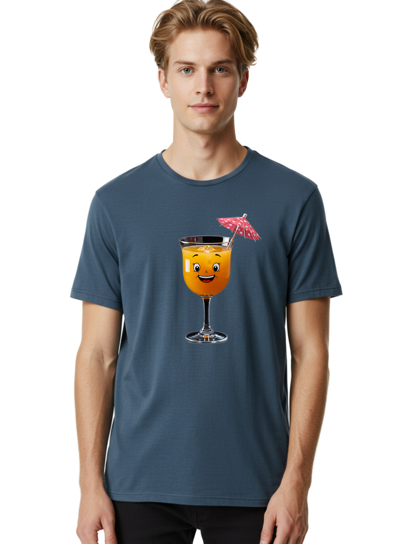 Cocktail-Glass Men'S Graphic Tee, 100% Cotton, Comfortable Casual Summer Wear, Machine Washable, Smiling Cocktail, Orange Drink, Cartoon Character, Summer Vibes, Refreshing Beverage, Cocktail Umbrella, Happy Face, Glassware, Party Atmosphere Bac872