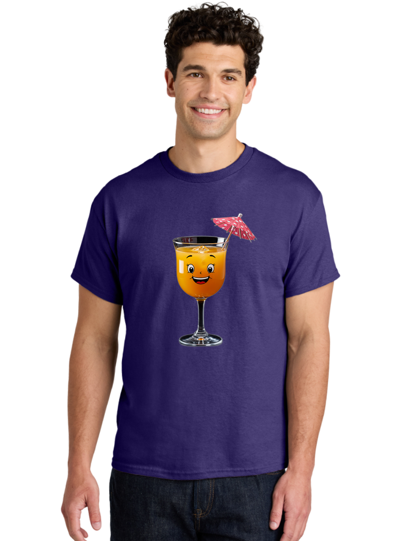Cocktail-Glass Men'S Graphic Tee, 100% Cotton, Comfortable Casual Summer Wear, Machine Washable, Smiling Cocktail, Orange Drink, Cartoon Character, Summer Vibes, Refreshing Beverage, Cocktail Umbrella, Happy Face, Glassware, Party Atmosphere Bac872