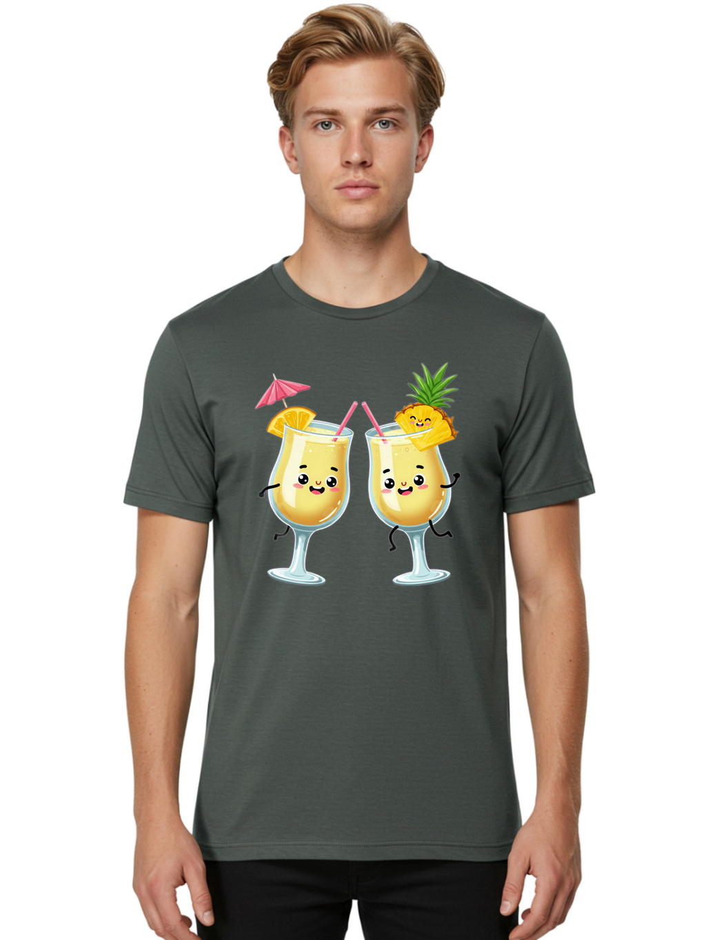 Cocktail-Glasses Men'S Graphic Tee, 100% Cotton, Comfortable Casual Summer Wear, Machine Washable, Cartoon Cocktail Glasses, Summer Drinks, Pineapple Cocktail, Orange Slice Garnish, Pink Umbrella, Funny Drinks, Tropical Beverages, Bac873