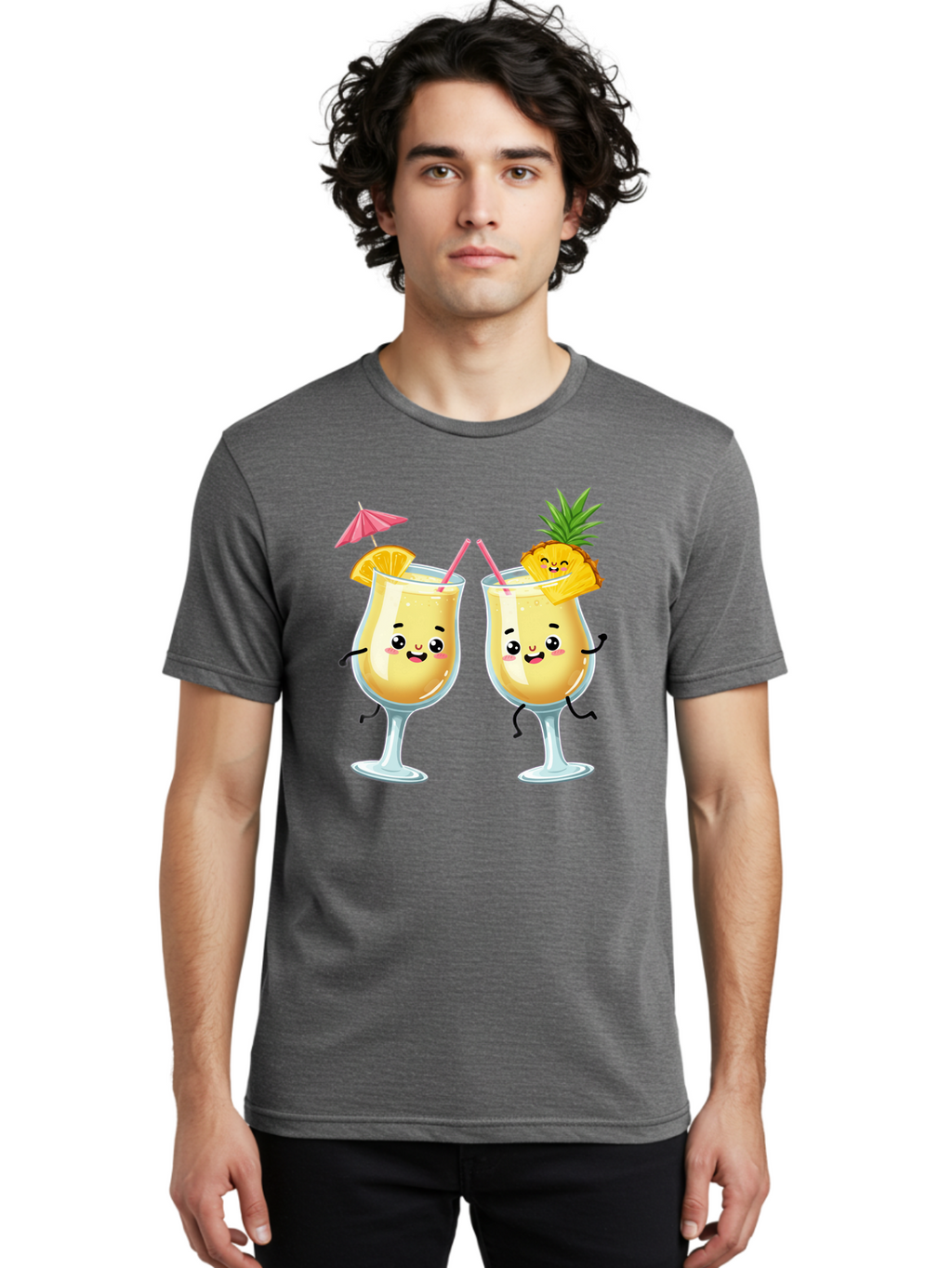 Cocktail-Glasses Men'S Graphic Tee, 100% Cotton, Comfortable Casual Summer Wear, Machine Washable, Cartoon Cocktail Glasses, Summer Drinks, Pineapple Cocktail, Orange Slice Garnish, Pink Umbrella, Funny Drinks, Tropical Beverages, Bac873