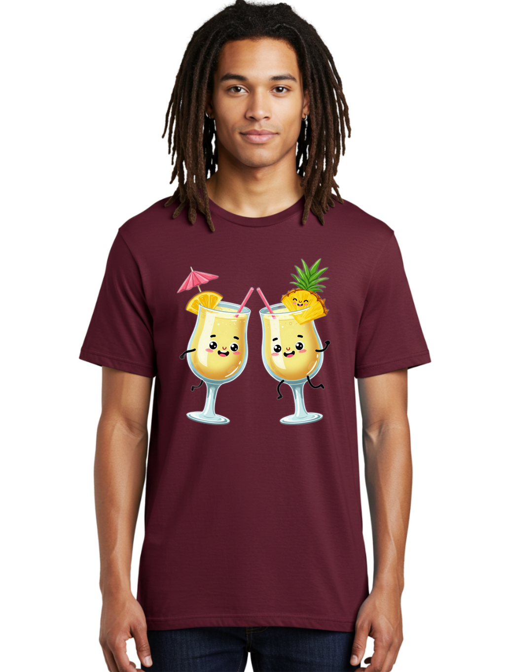 Cocktail-Glasses Men'S Graphic Tee, 100% Cotton, Comfortable Casual Summer Wear, Machine Washable, Cartoon Cocktail Glasses, Summer Drinks, Pineapple Cocktail, Orange Slice Garnish, Pink Umbrella, Funny Drinks, Tropical Beverages, Bac873
