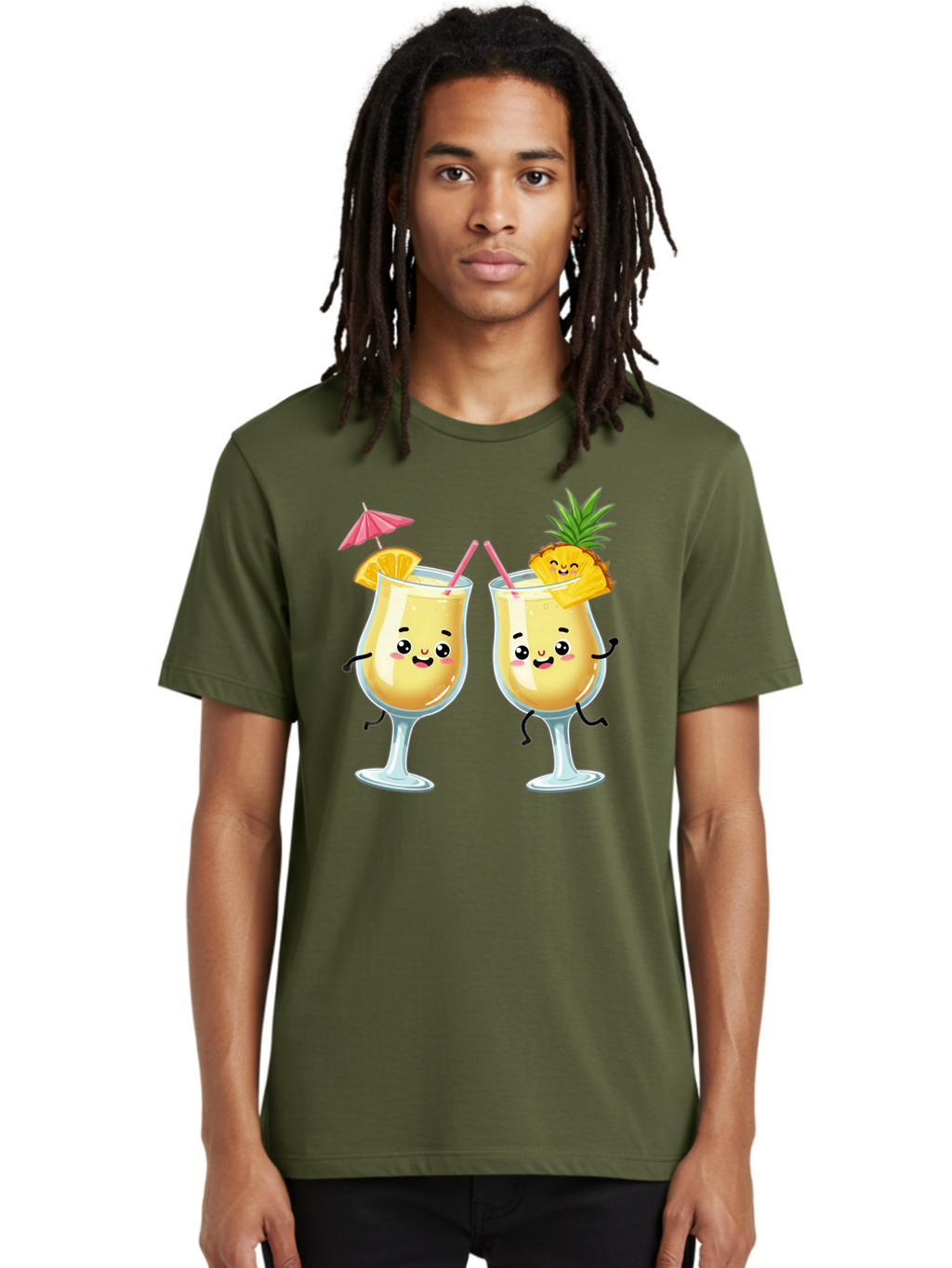 Cocktail-Glasses Men'S Graphic Tee, 100% Cotton, Comfortable Casual Summer Wear, Machine Washable, Cartoon Cocktail Glasses, Summer Drinks, Pineapple Cocktail, Orange Slice Garnish, Pink Umbrella, Funny Drinks, Tropical Beverages, Bac873