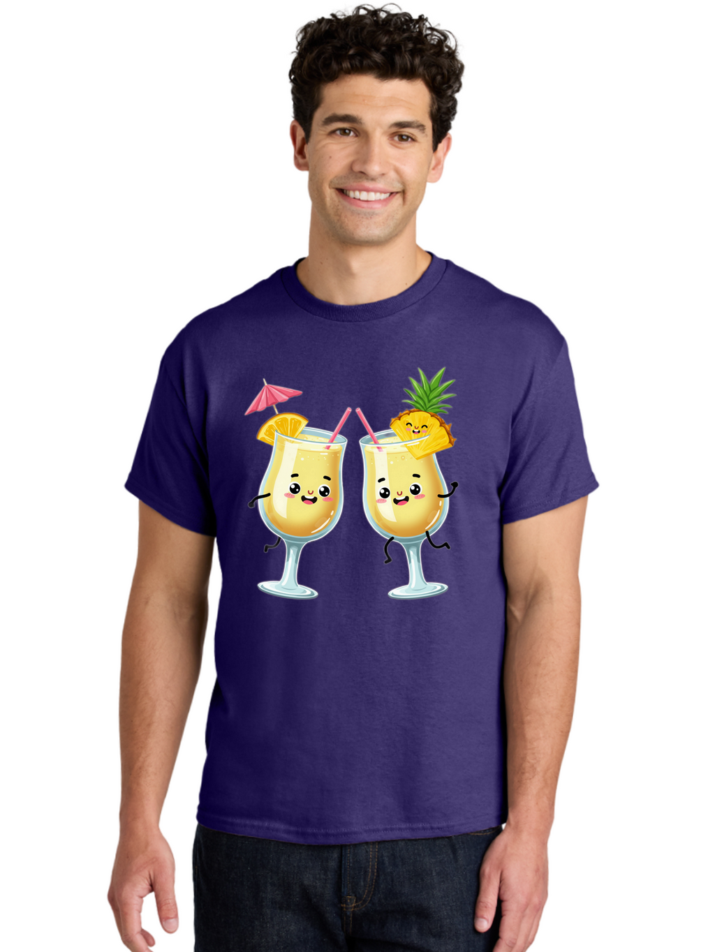 Cocktail-Glasses Men'S Graphic Tee, 100% Cotton, Comfortable Casual Summer Wear, Machine Washable, Cartoon Cocktail Glasses, Summer Drinks, Pineapple Cocktail, Orange Slice Garnish, Pink Umbrella, Funny Drinks, Tropical Beverages, Bac873
